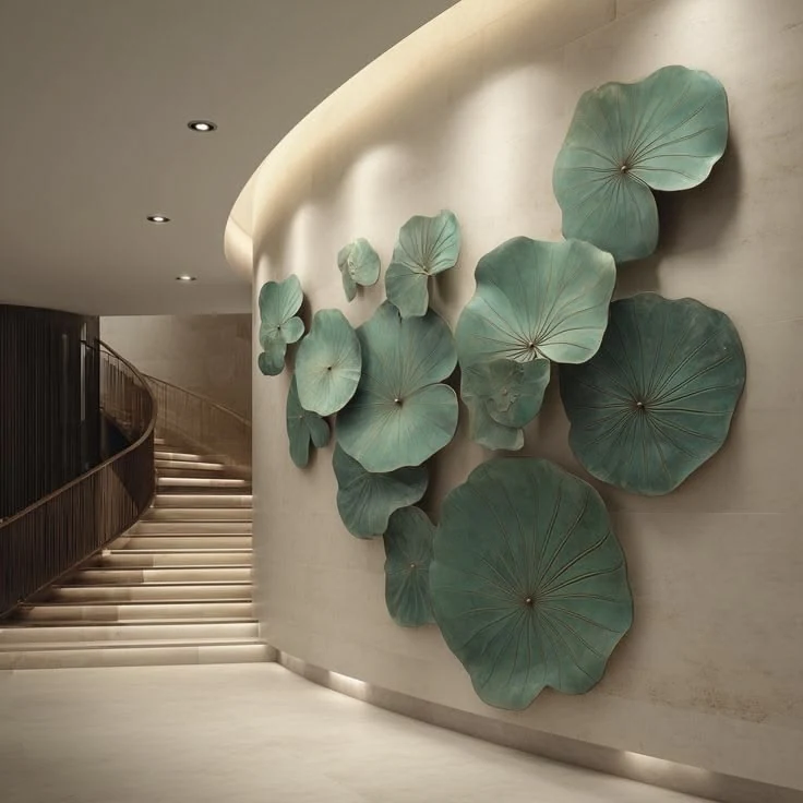 Composition murale de feuilles sculptées vertes près d’un escalier