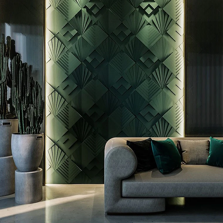 Salon avec panneau mural vert aux reliefs géométriques et éclairage indirect