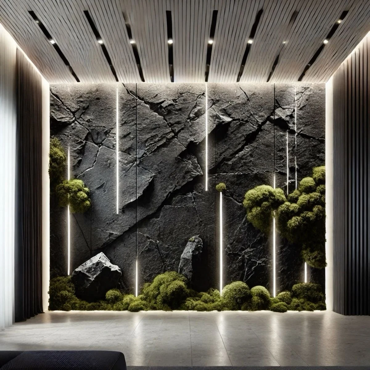 Habillage mural effet roche noire avec végétation et lignes lumineuses