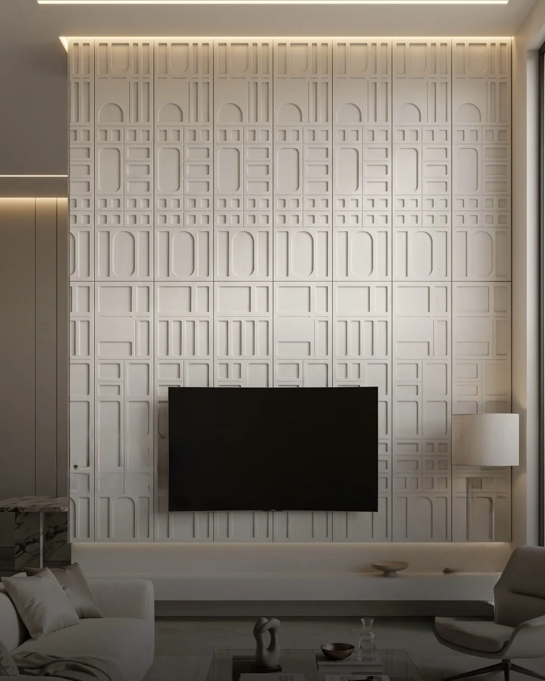 Habillage mural 3D à trame géométrique claire derrière une télévision