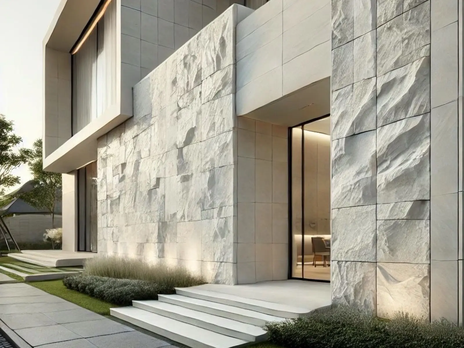 Façade contemporaine en pierre sculptée