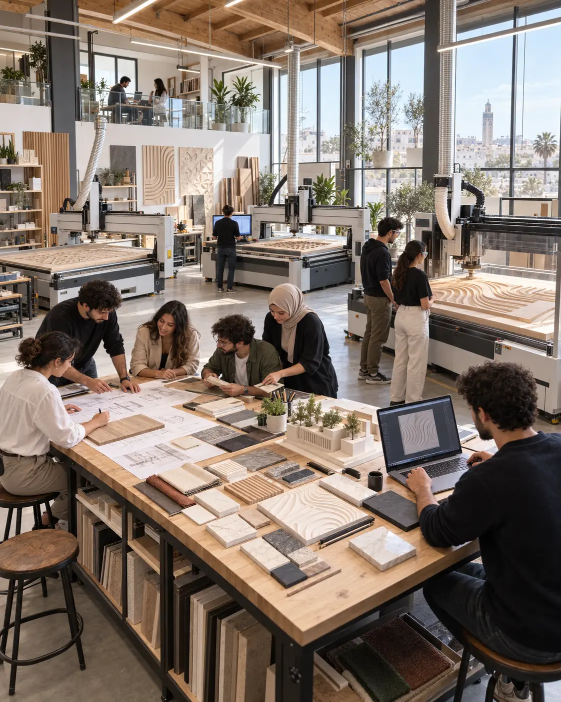 Jeunes architectes travaillant dans un atelier équipé de machines CNC