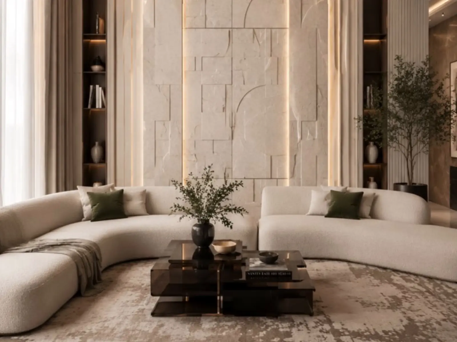 Salon double hauteur avec habillage mural sculptural sur mesure