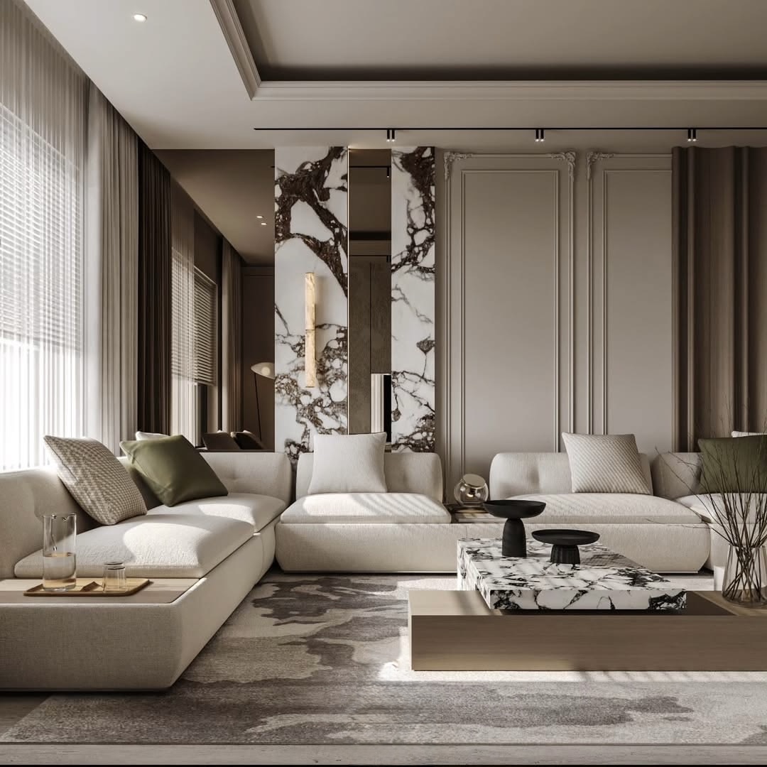 Salon contemporain avec marbre et moulures