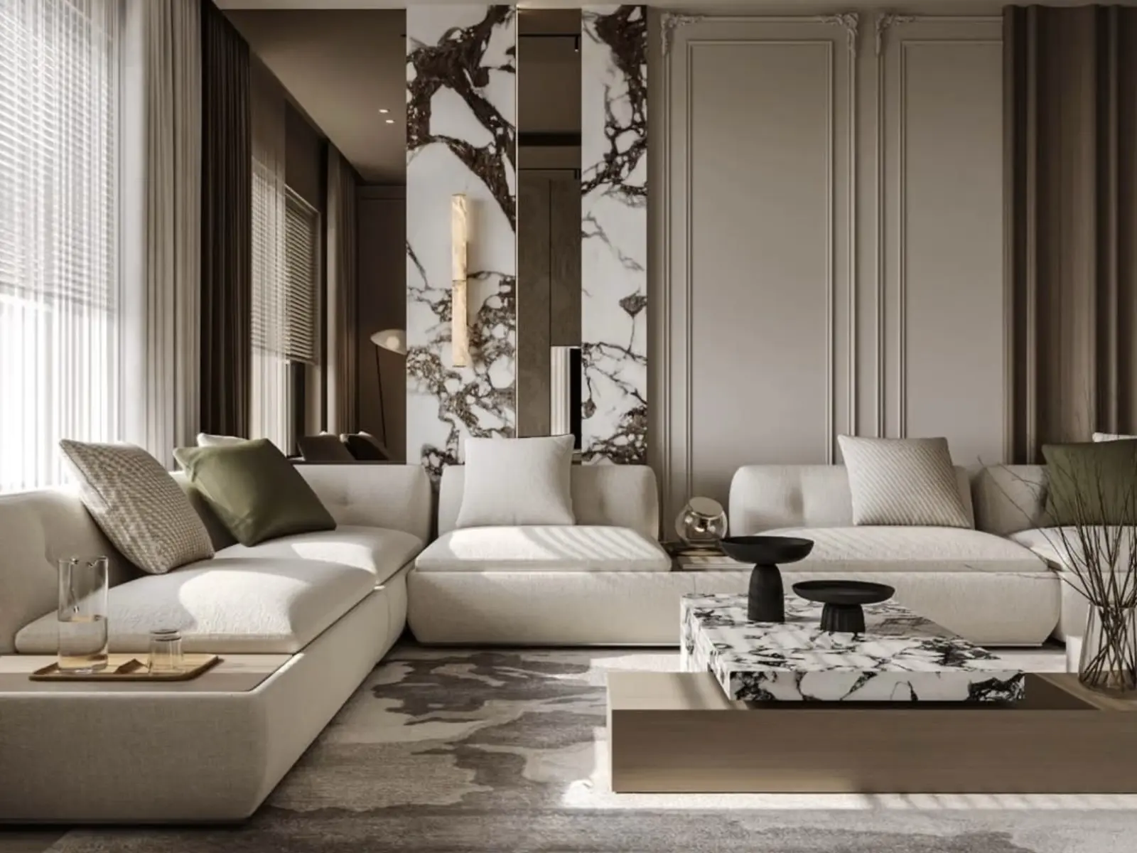 Design intérieur contemporain avec marbre et moulures