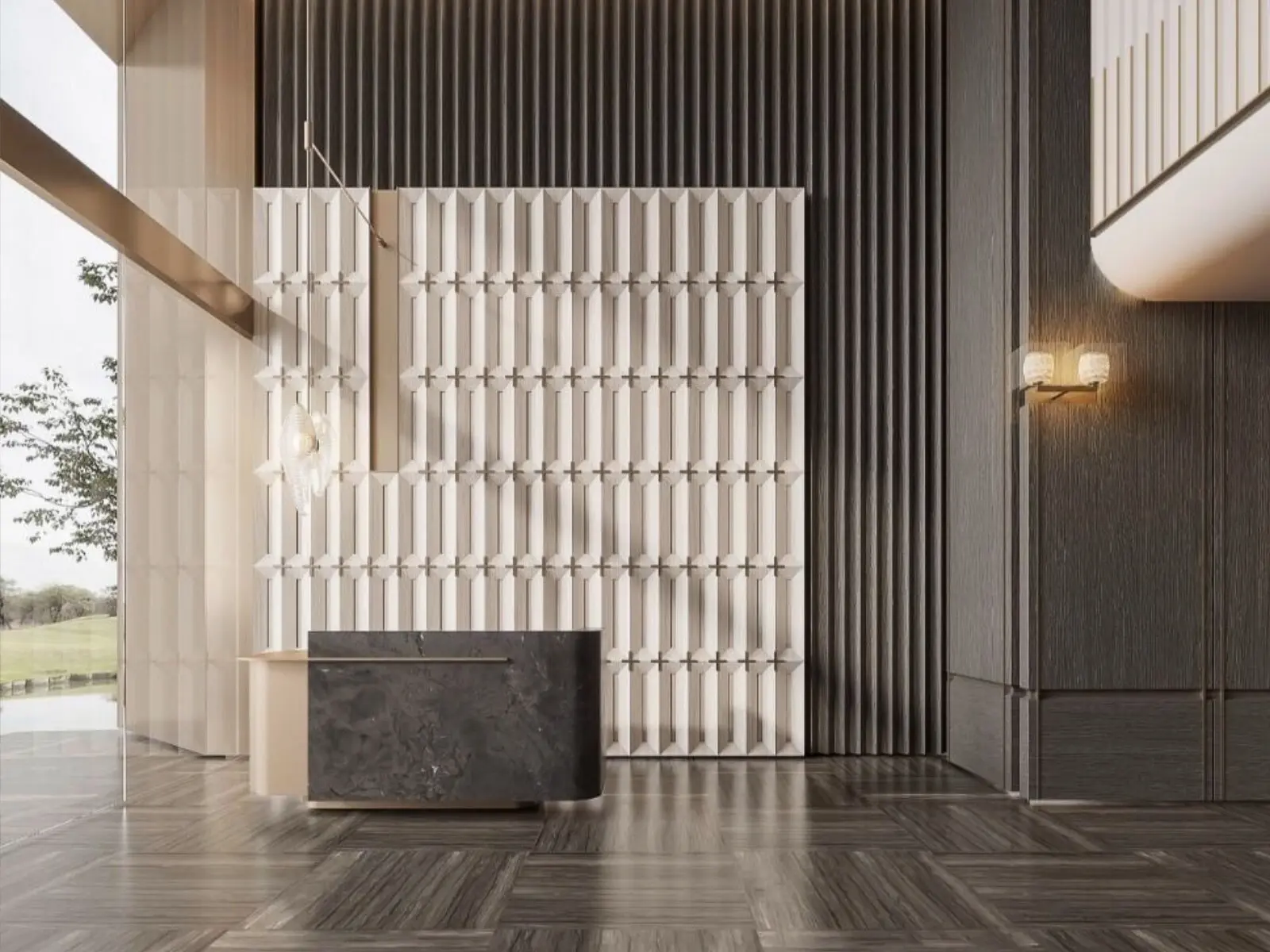 Espace d’accueil haut de gamme avec relief mural et bois sombre