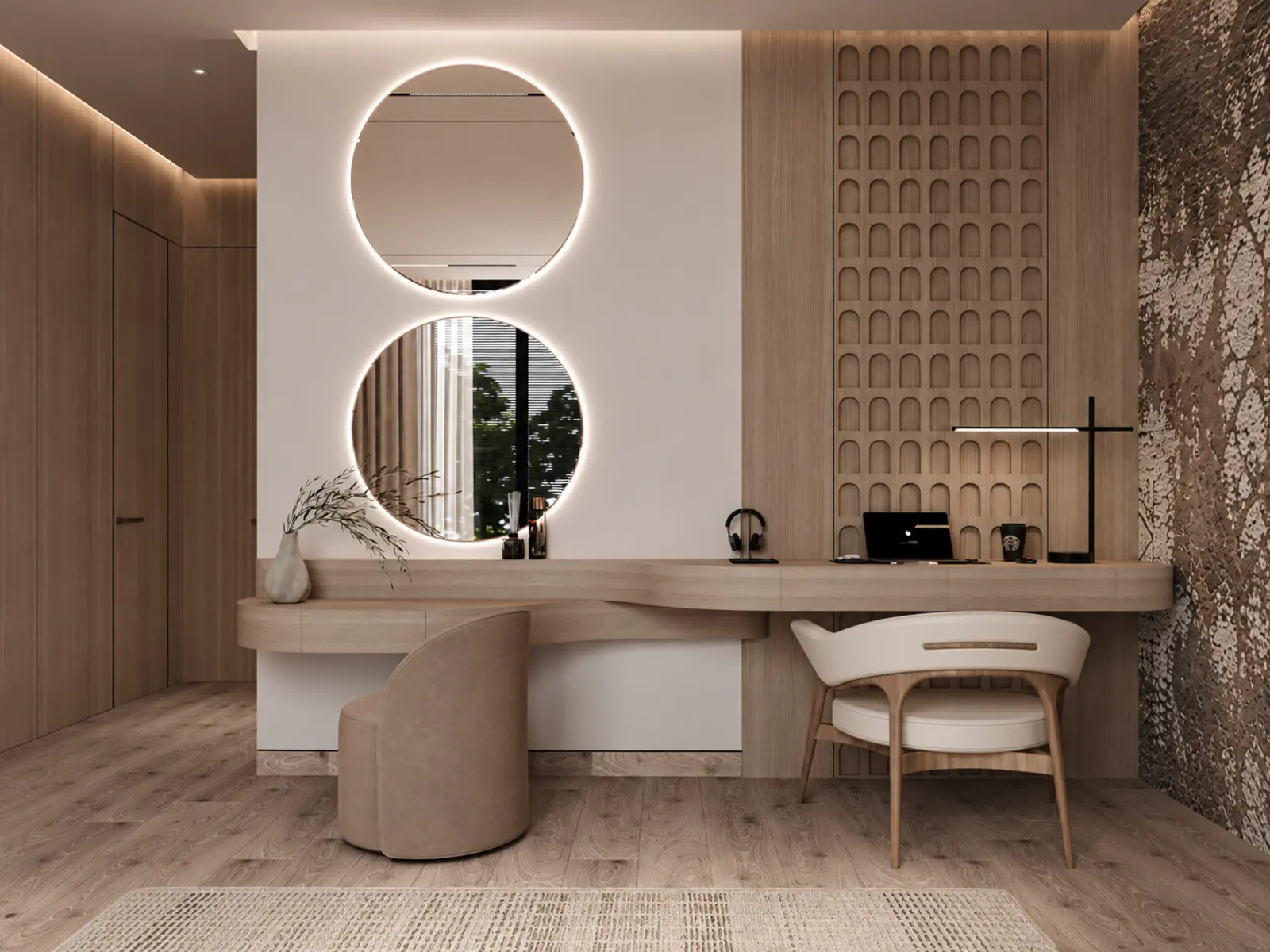 Bureau sur mesure en bois avec deux miroirs circulaires éclairés