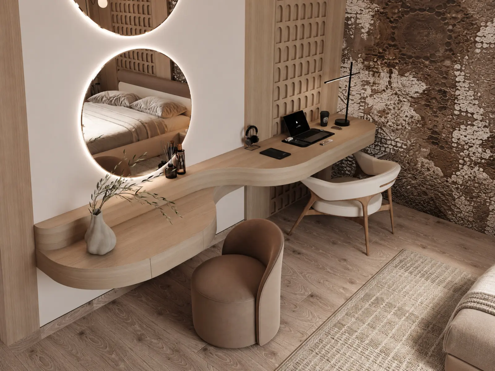 Vue en hauteur du bureau courbe, des miroirs circulaires et du panneau sculpté