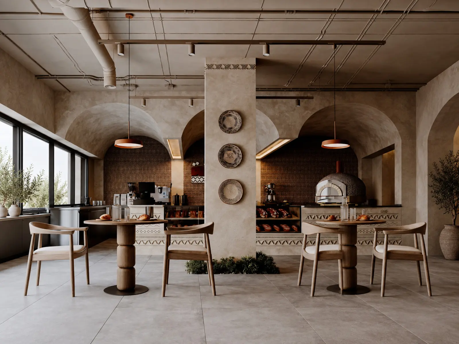 Vue du café avec colonne centrale, comptoir et tables de dégustation