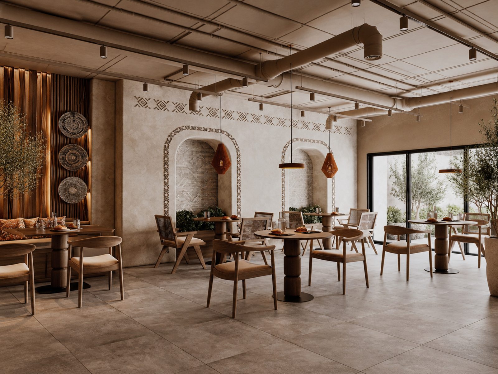 Café artisanal avec mobilier et reliefs sur mesure