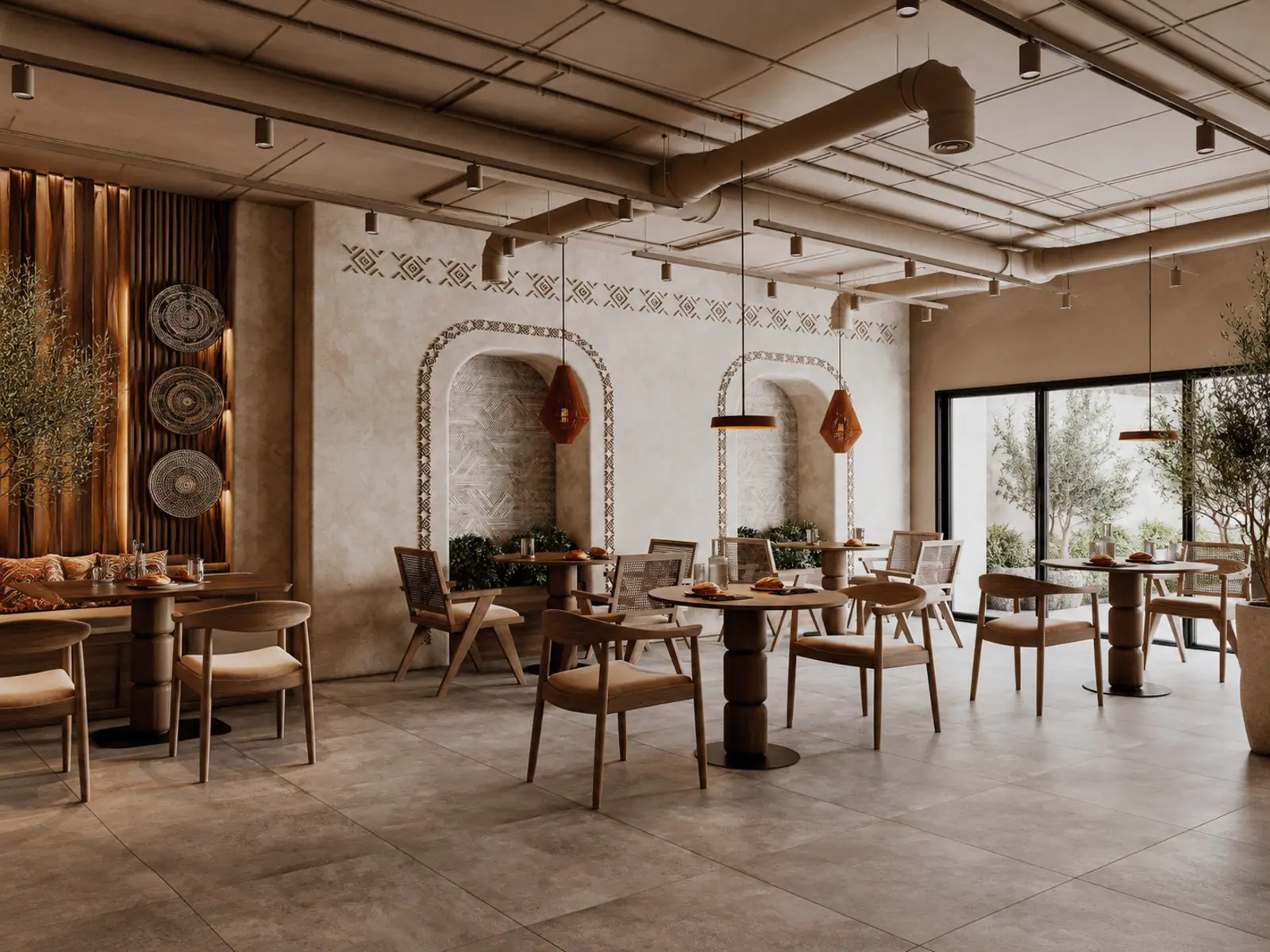 Vue panoramique du café et de ses deux niches murales sculptées