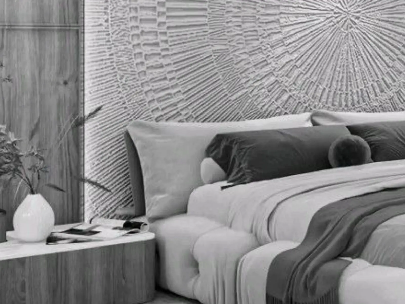 Chambre monochrome avec panneau mural graphique en relief