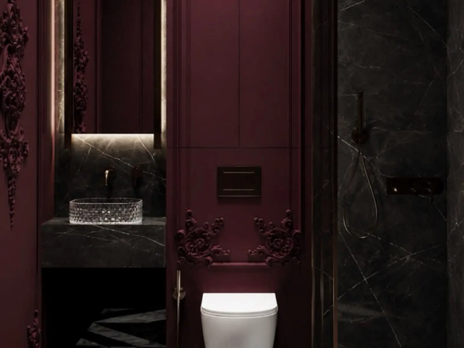 Salle d’eau en marbre noir et décor mural rouge sur mesure