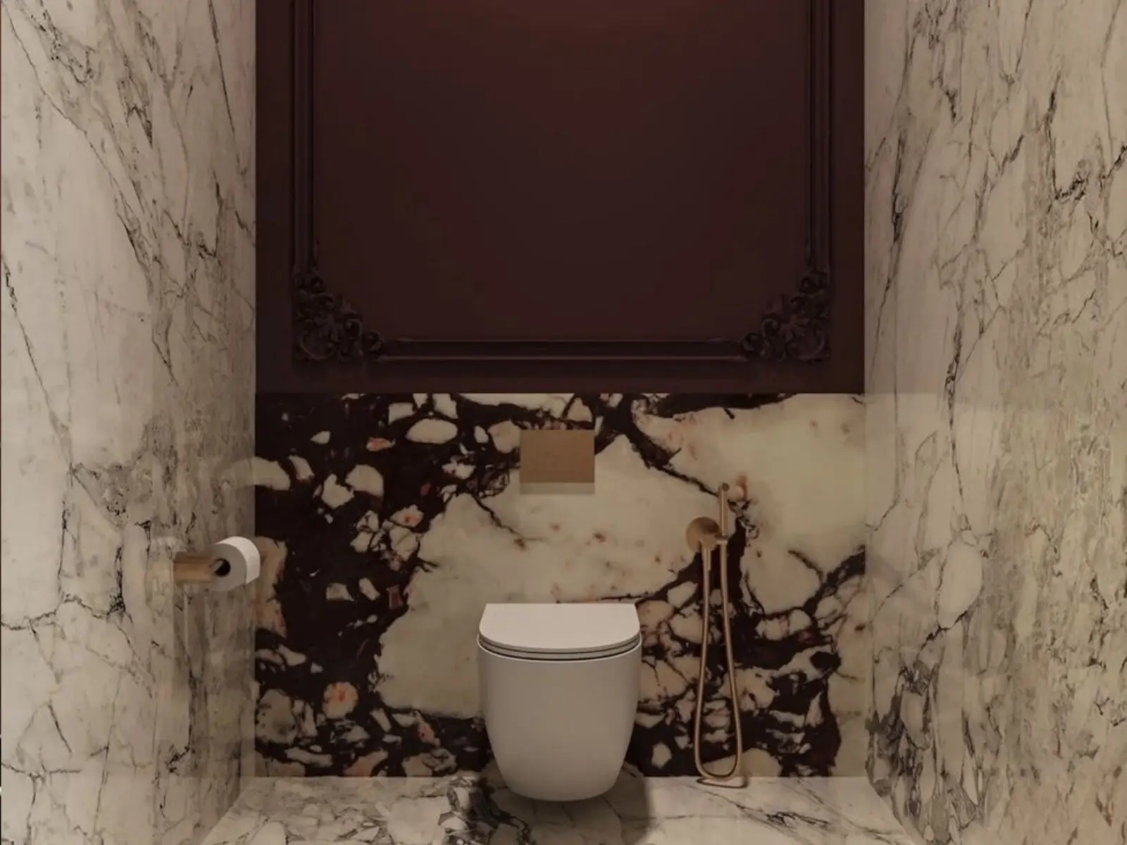 Sanitaires intégrés dans un habillage de marbre décoratif