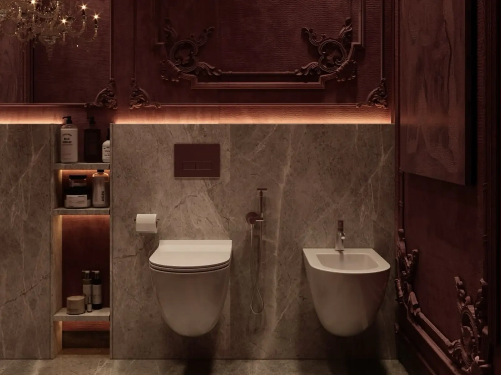 Salle d’eau associant marbre et panneaux muraux décoratifs
