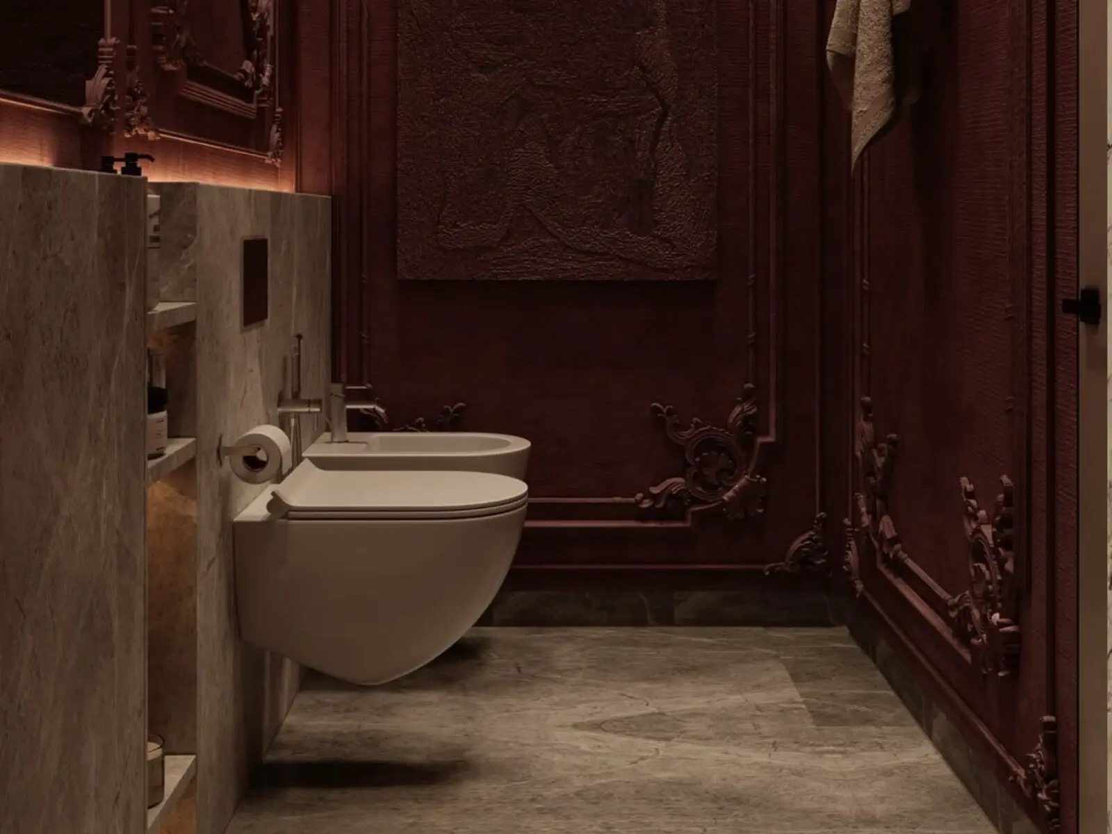 Aménagement intérieur avec reliefs muraux et éclairage indirect