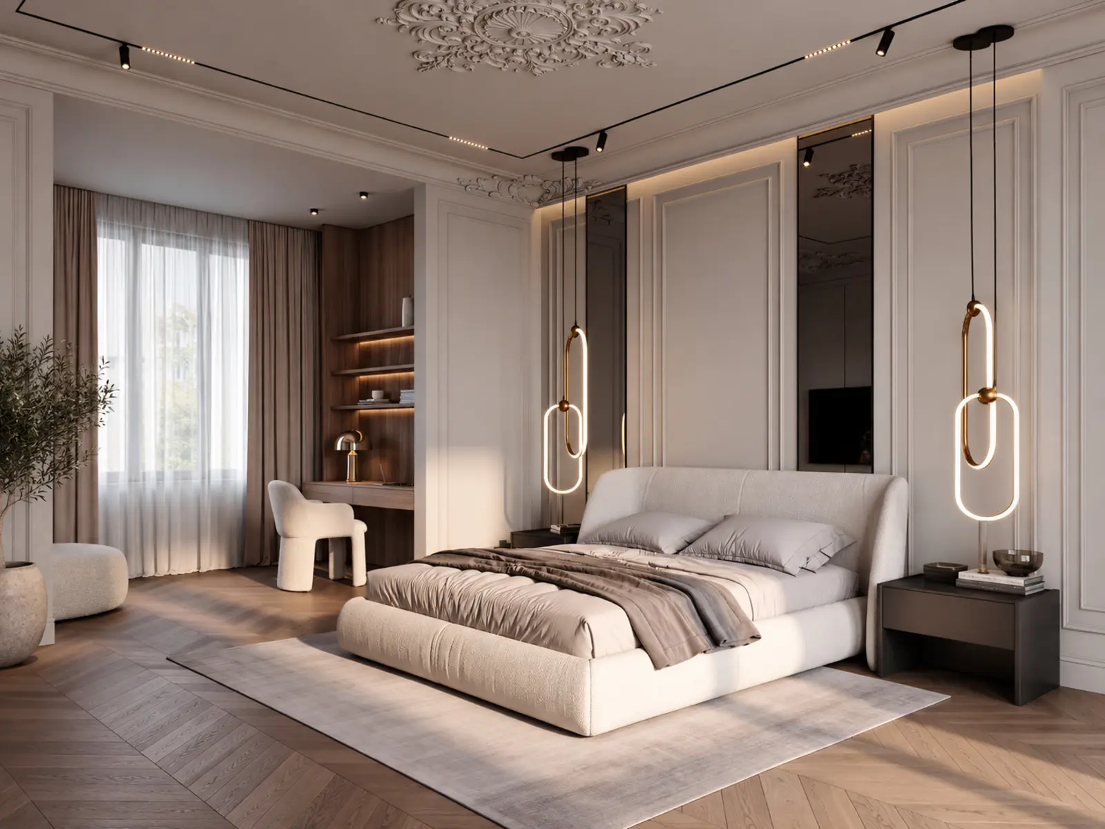 Vue d’ensemble de la chambre classique, du lit et du bureau intégré