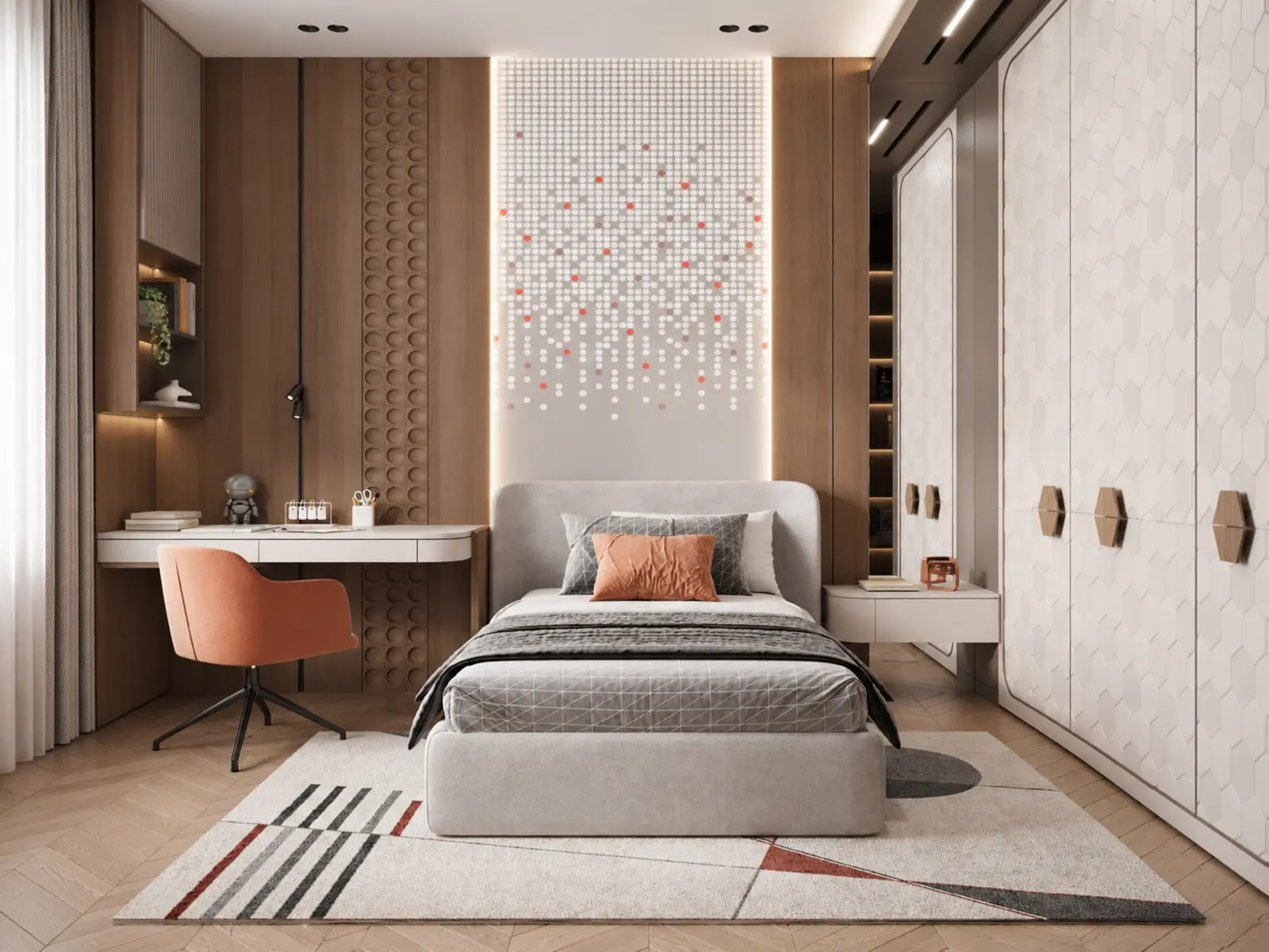 Chambre enfant avec lit centré, bureau et dressing intégré