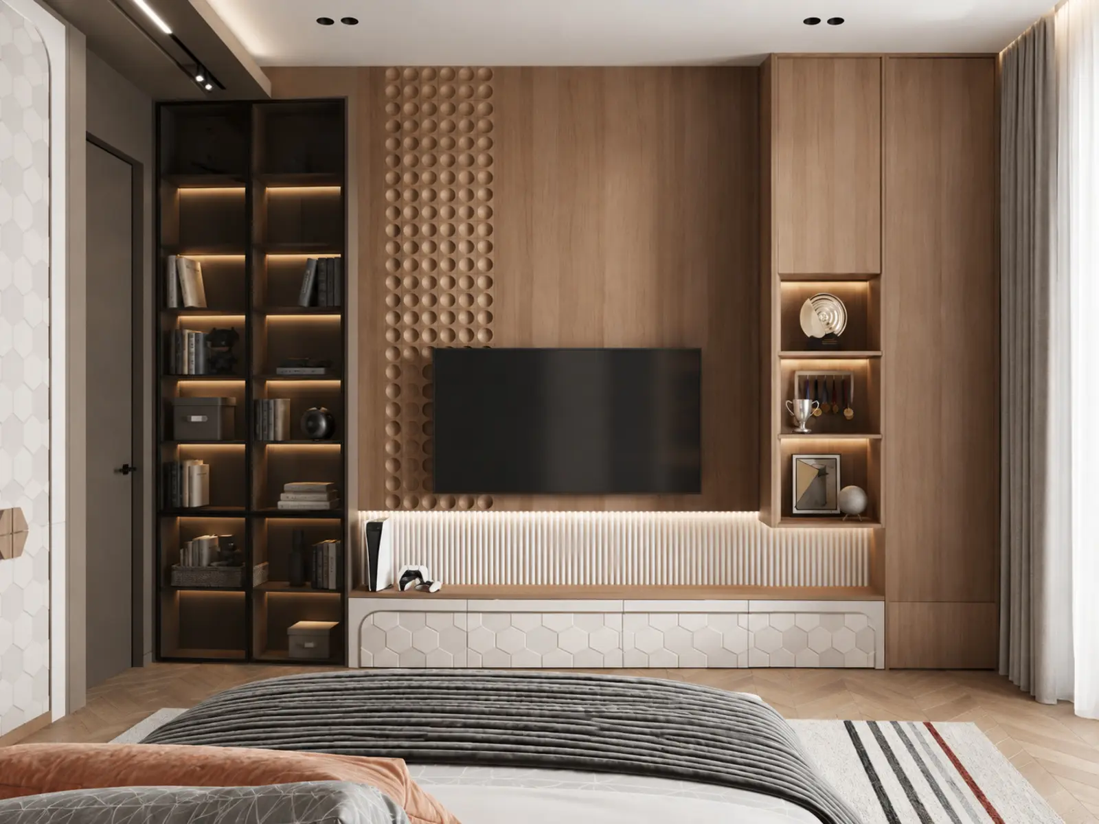 Mur TV en bois avec panneaux circulaires et rangements éclairés