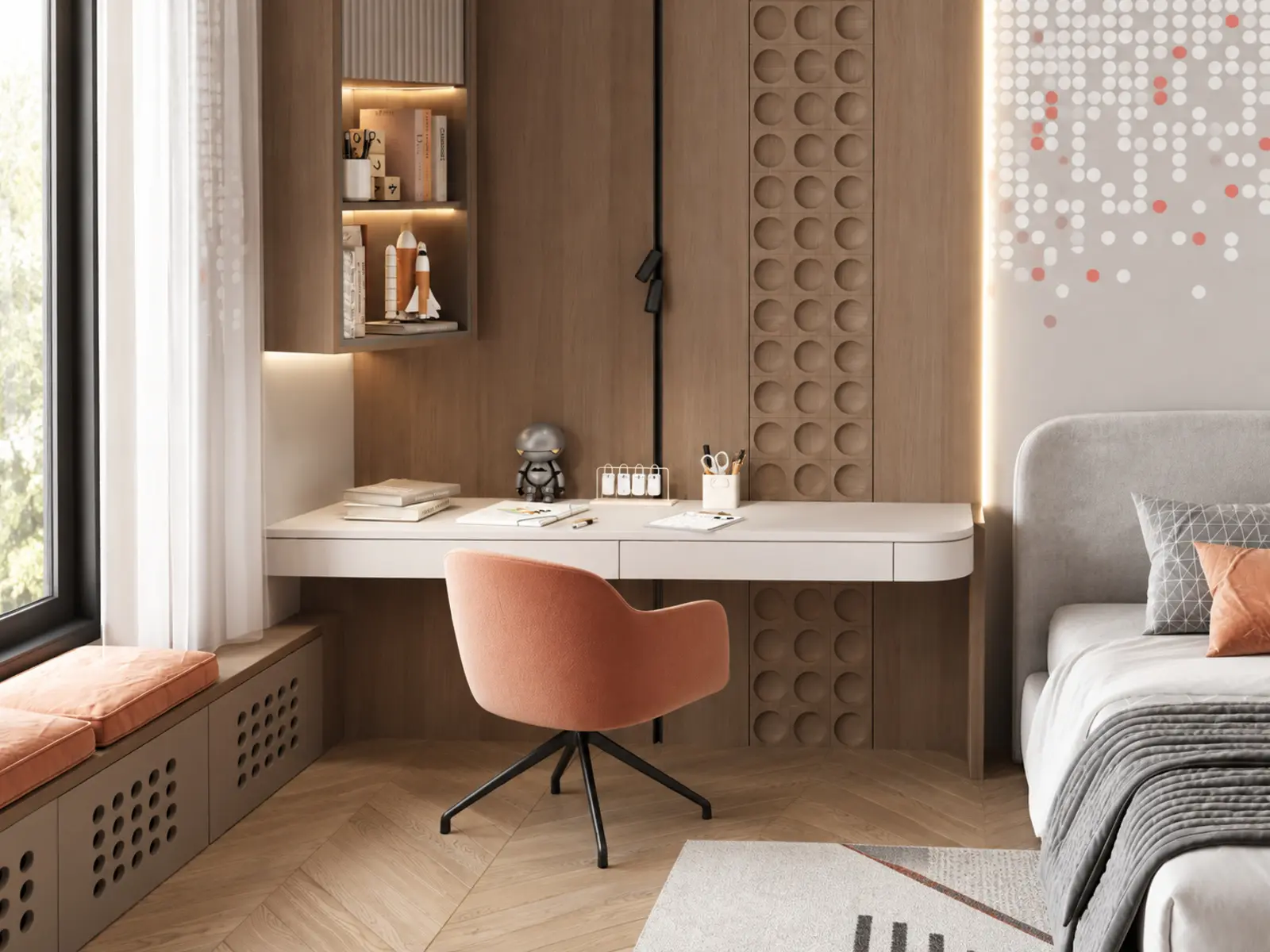 Coin bureau sur mesure avec panneau mural circulaire sculpté