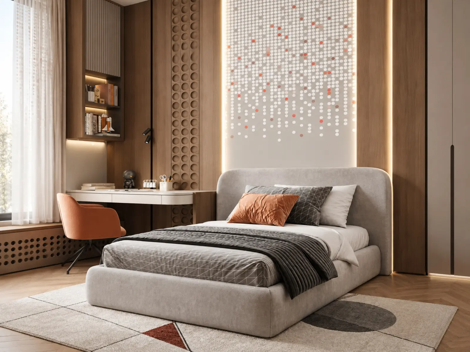 Vue de la chambre enfant avec lit, bureau et panneau lumineux