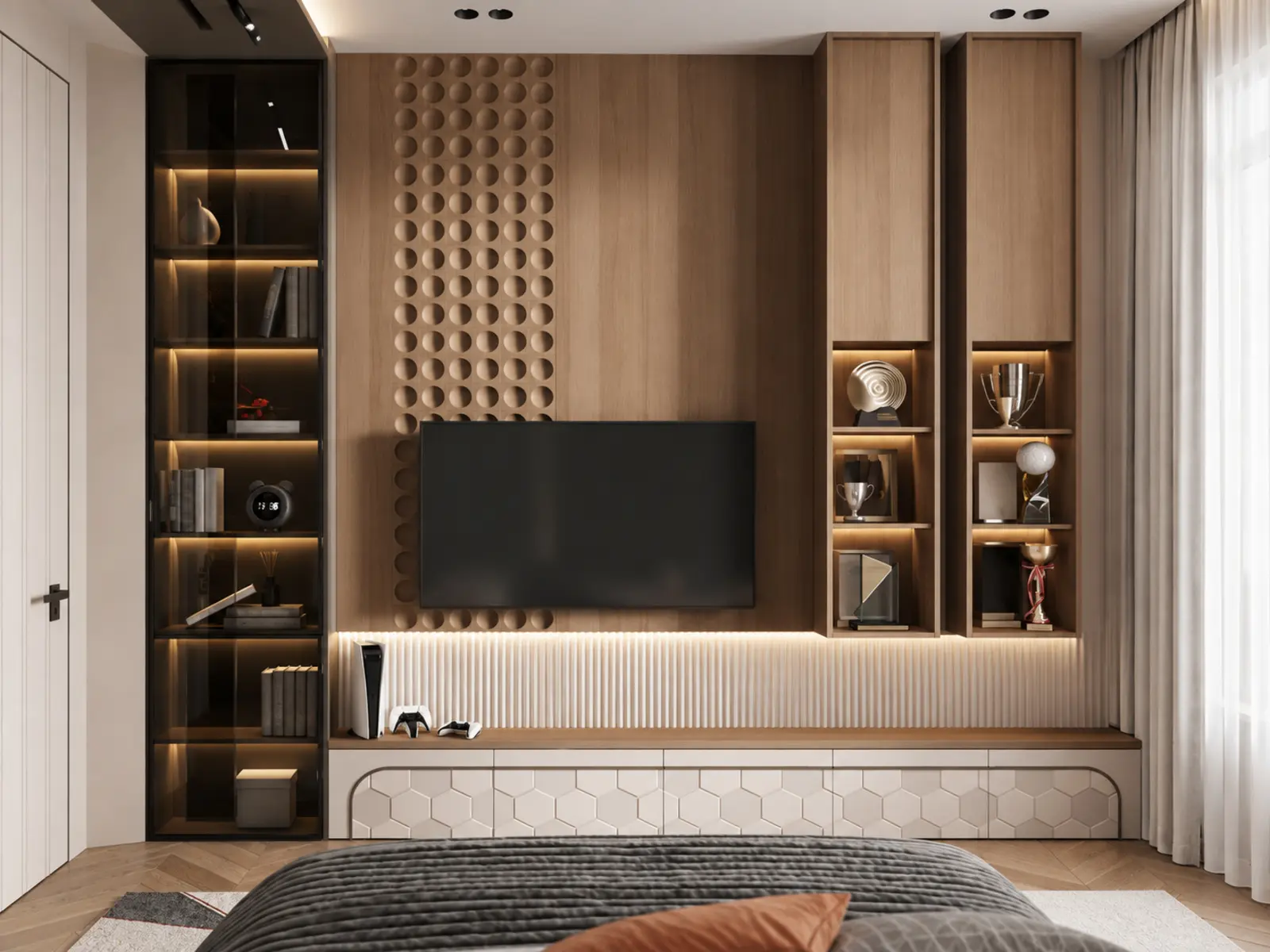 Mur TV complet avec bibliothèque, niches et meuble bas sur mesure