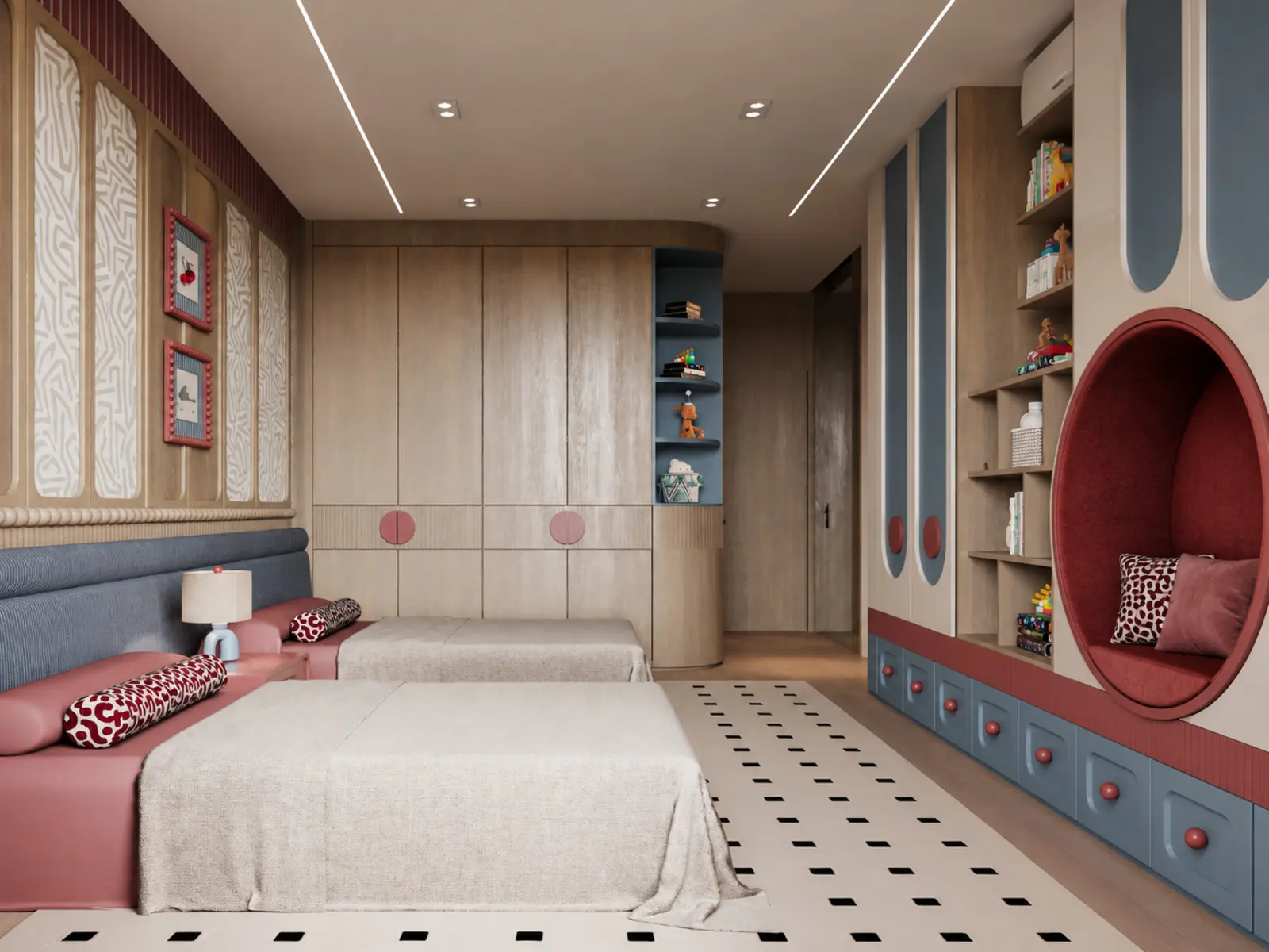 Chambre d’enfant avec deux lits et mobilier intégré beige, bleu et rose