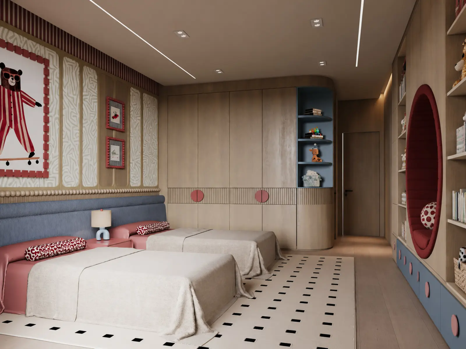 Vue latérale des deux lits et des rangements sur mesure de la chambre d’enfant