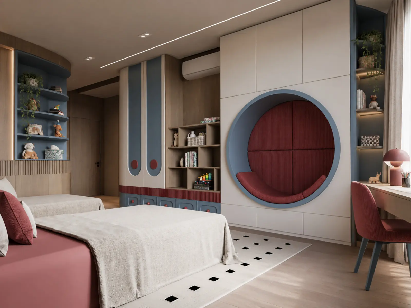 Niche circulaire rouge, bibliothèque et rangements intégrés de la chambre d’enfant