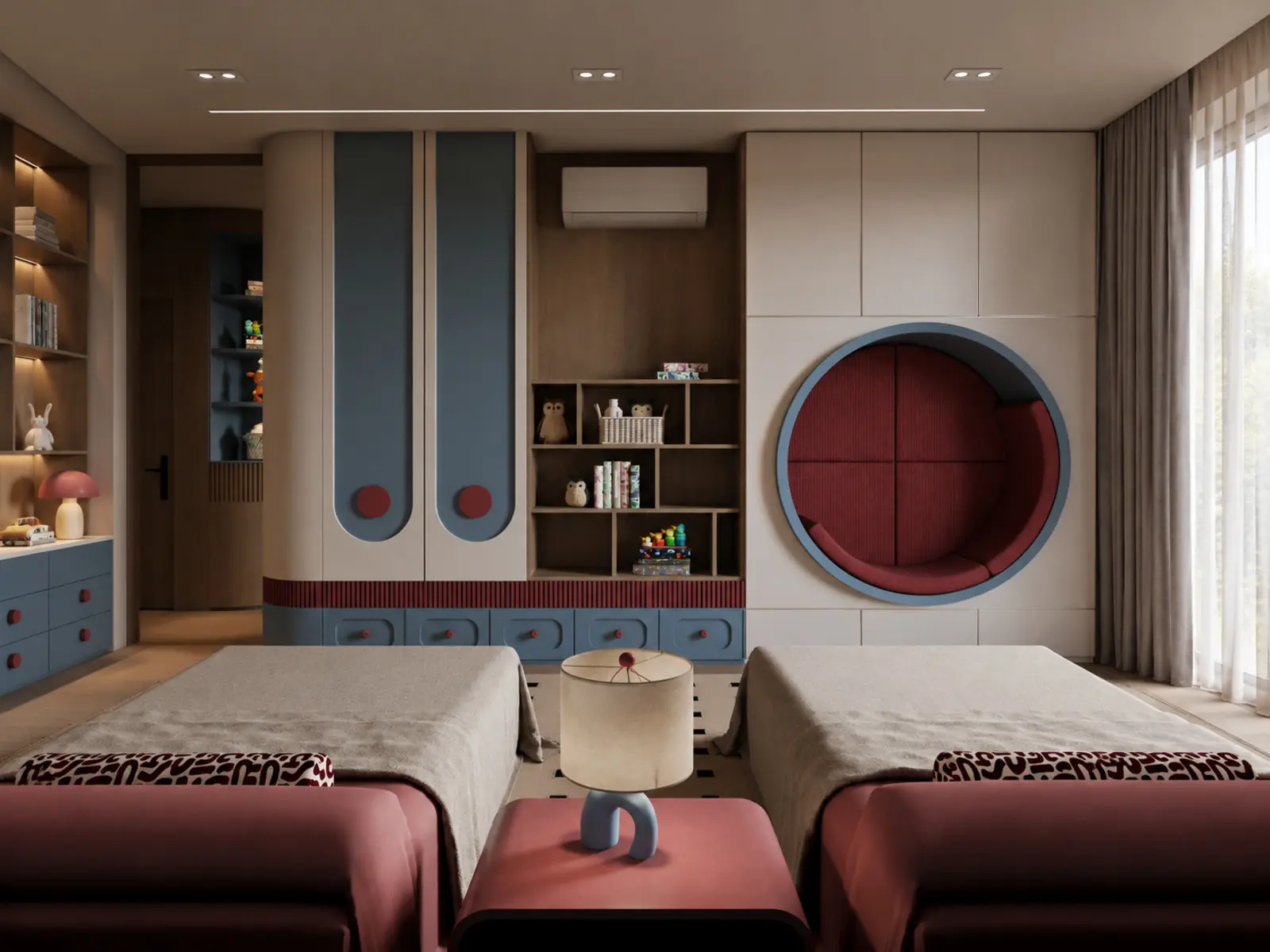 Vue frontale de la chambre d’enfant avec deux lits et banquette circulaire