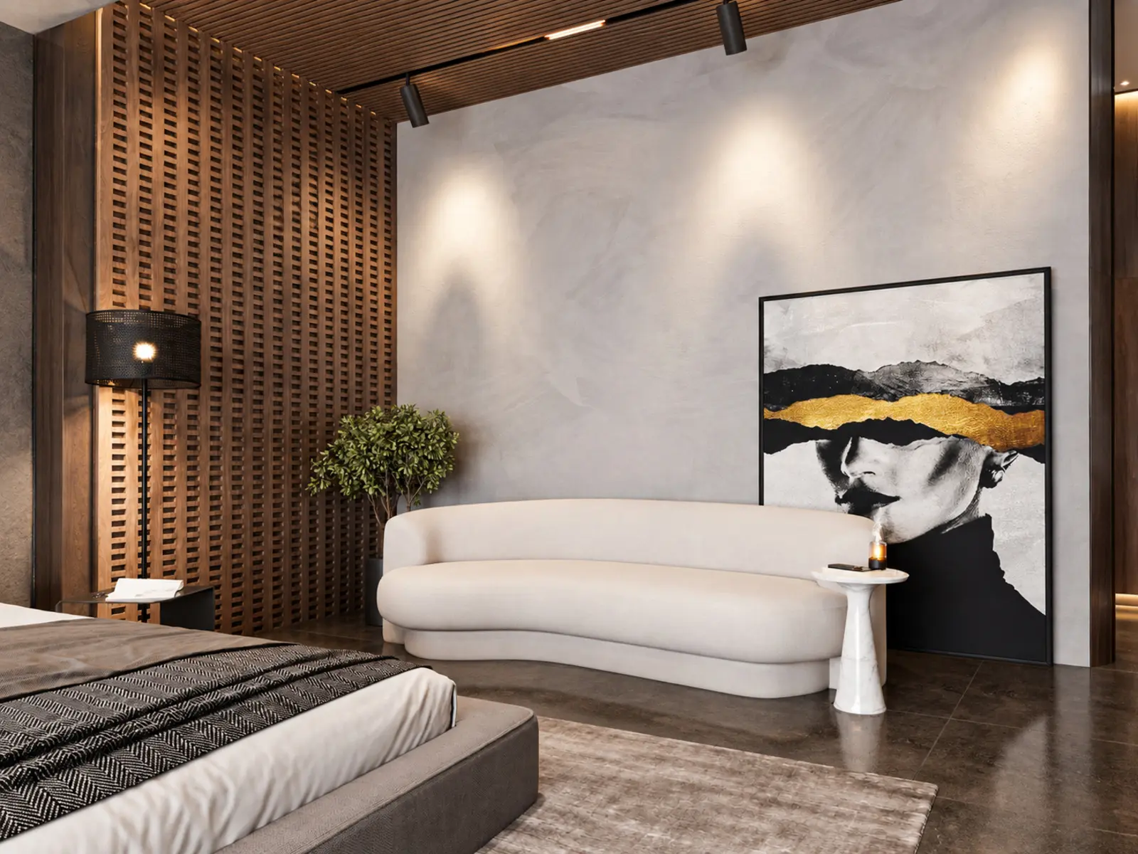 Chambre principale avec canapé courbe et claustra en bois