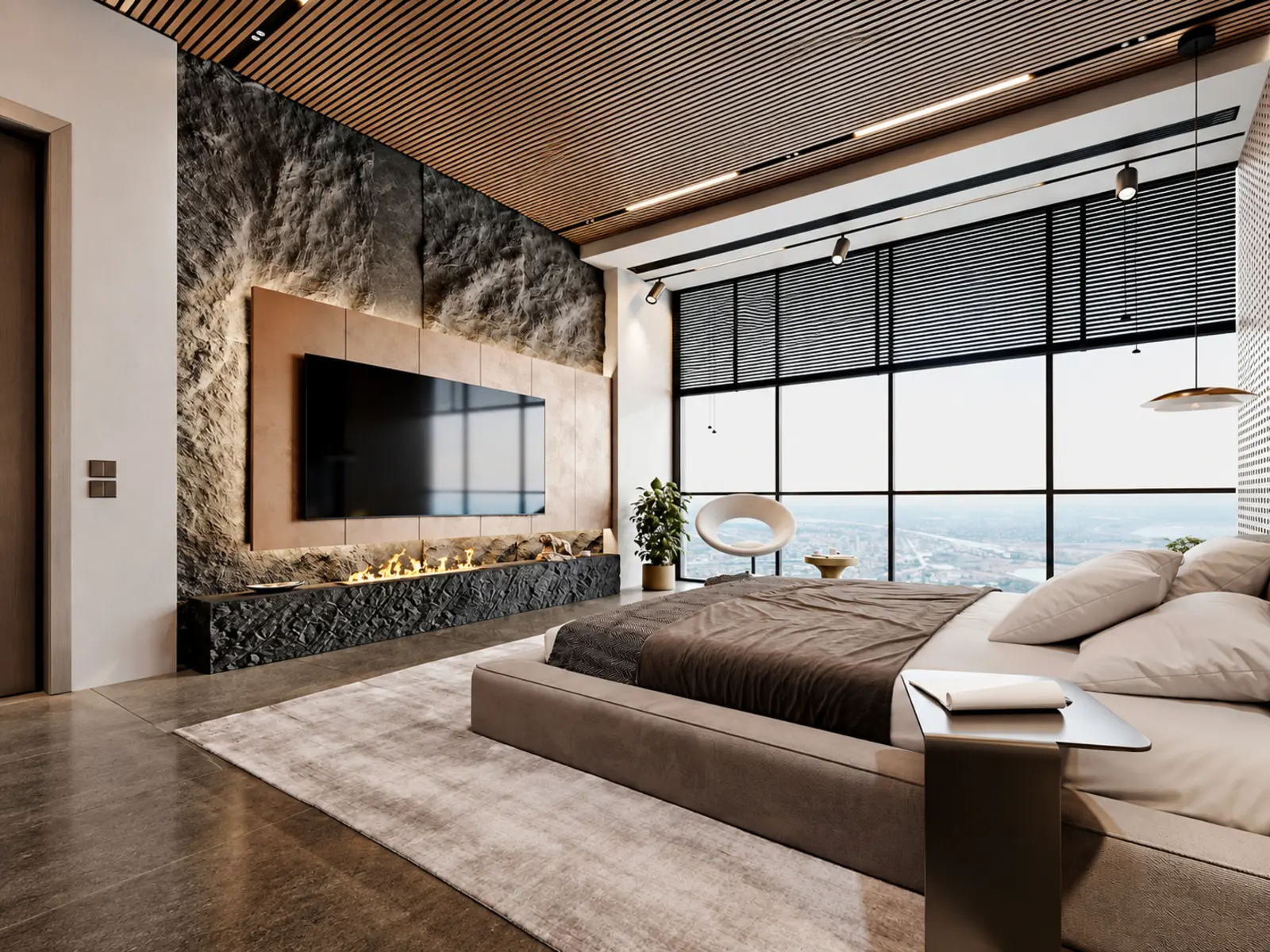 Chambre principale avec mur TV texturé, cheminée et plafond à tasseaux