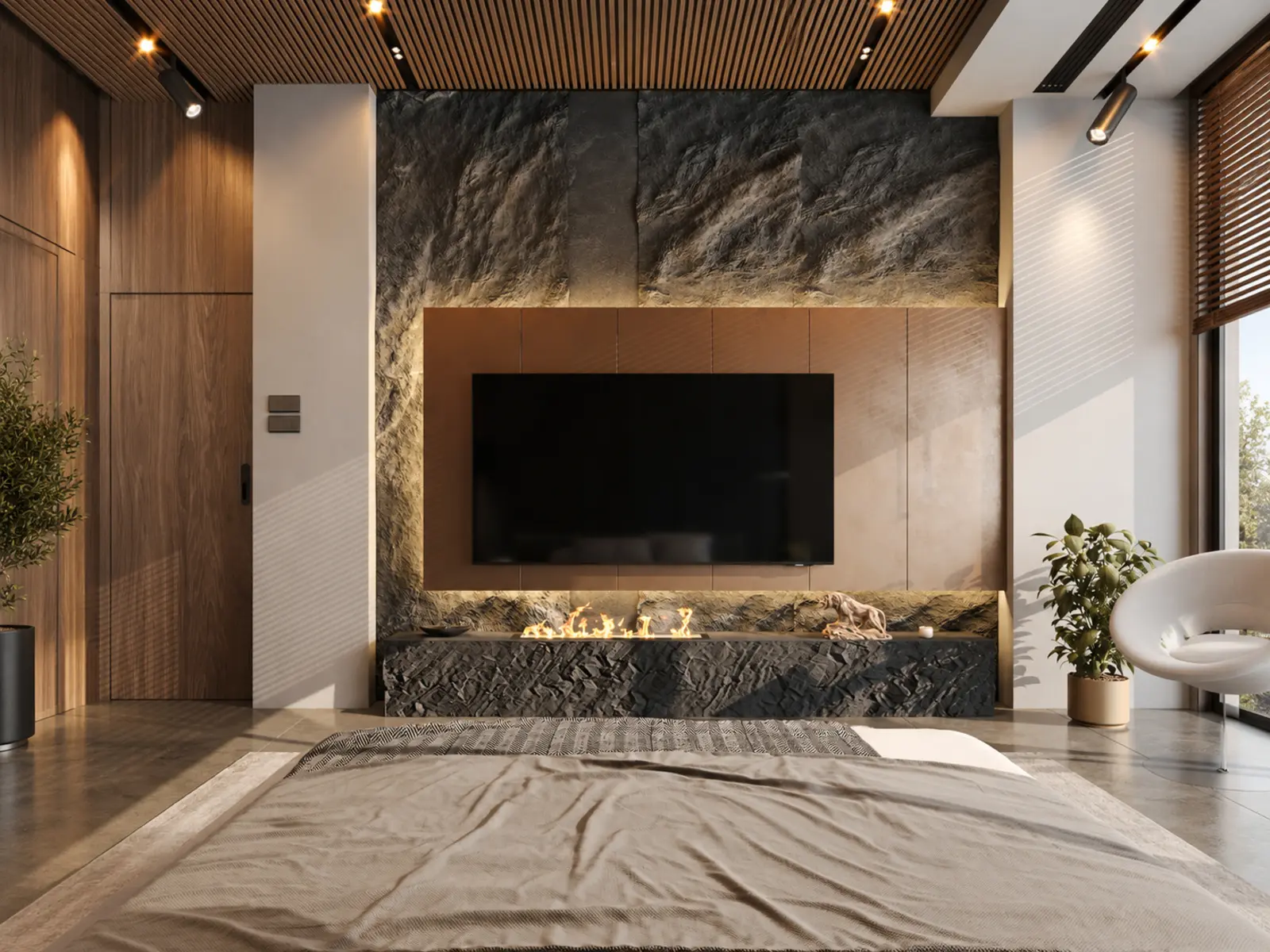 Mur TV frontal en pierre texturée et panneaux bronze sur mesure