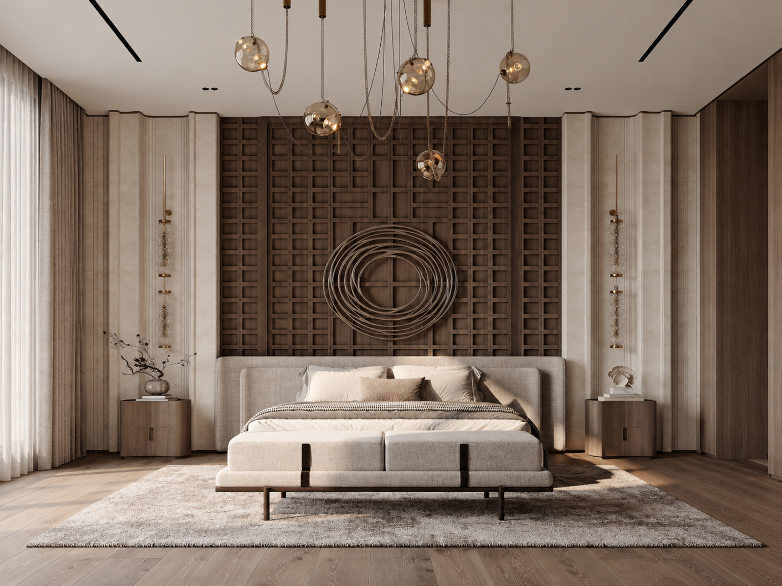Chambre avec panneau mural quadrillé et mobilier intégré
