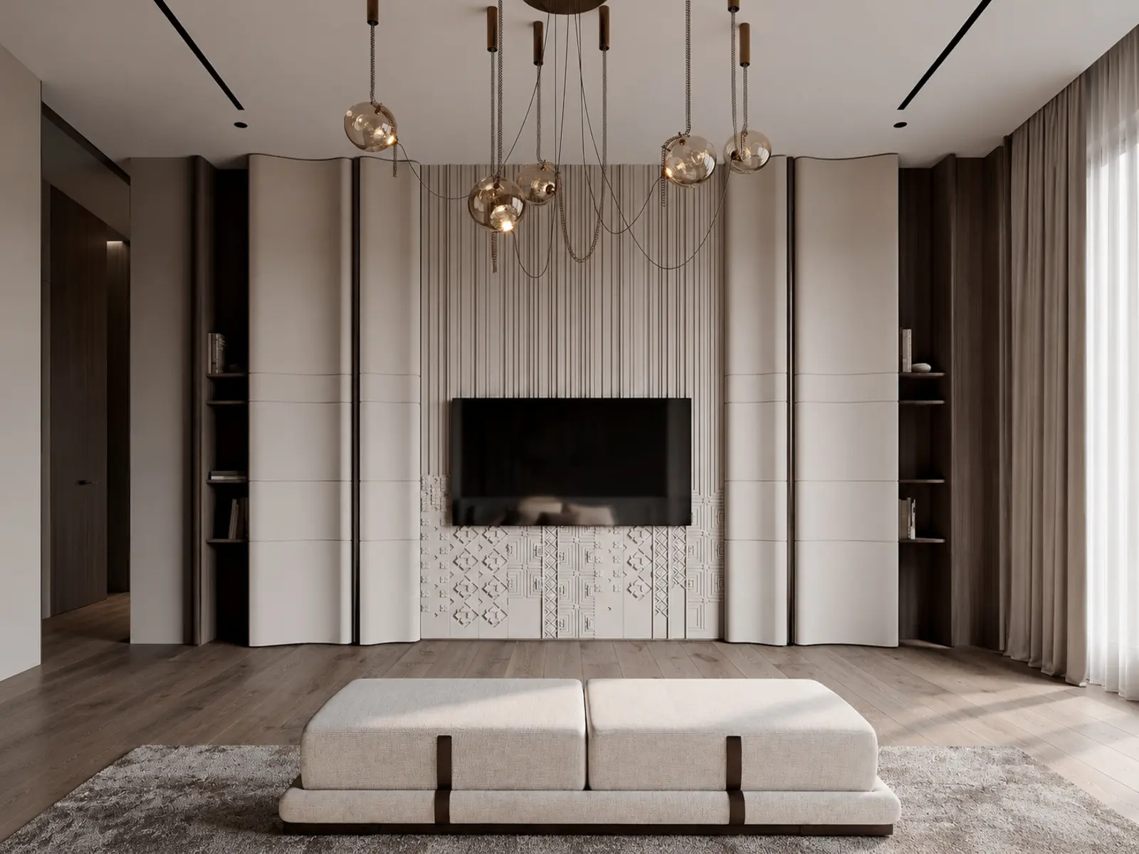 Mur télévision sur mesure avec panneaux sculptés et banquette