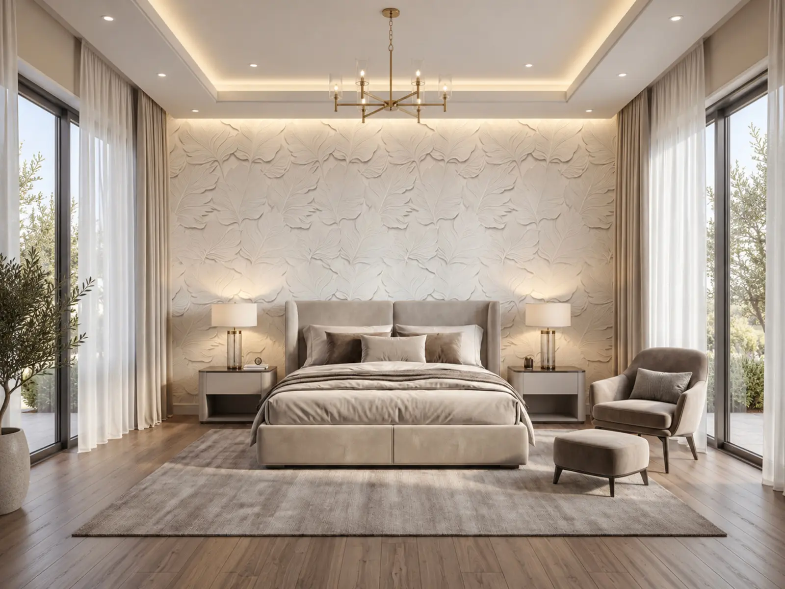 Chambre élégante avec tête de lit devant un relief mural blanc à motif de feuillage