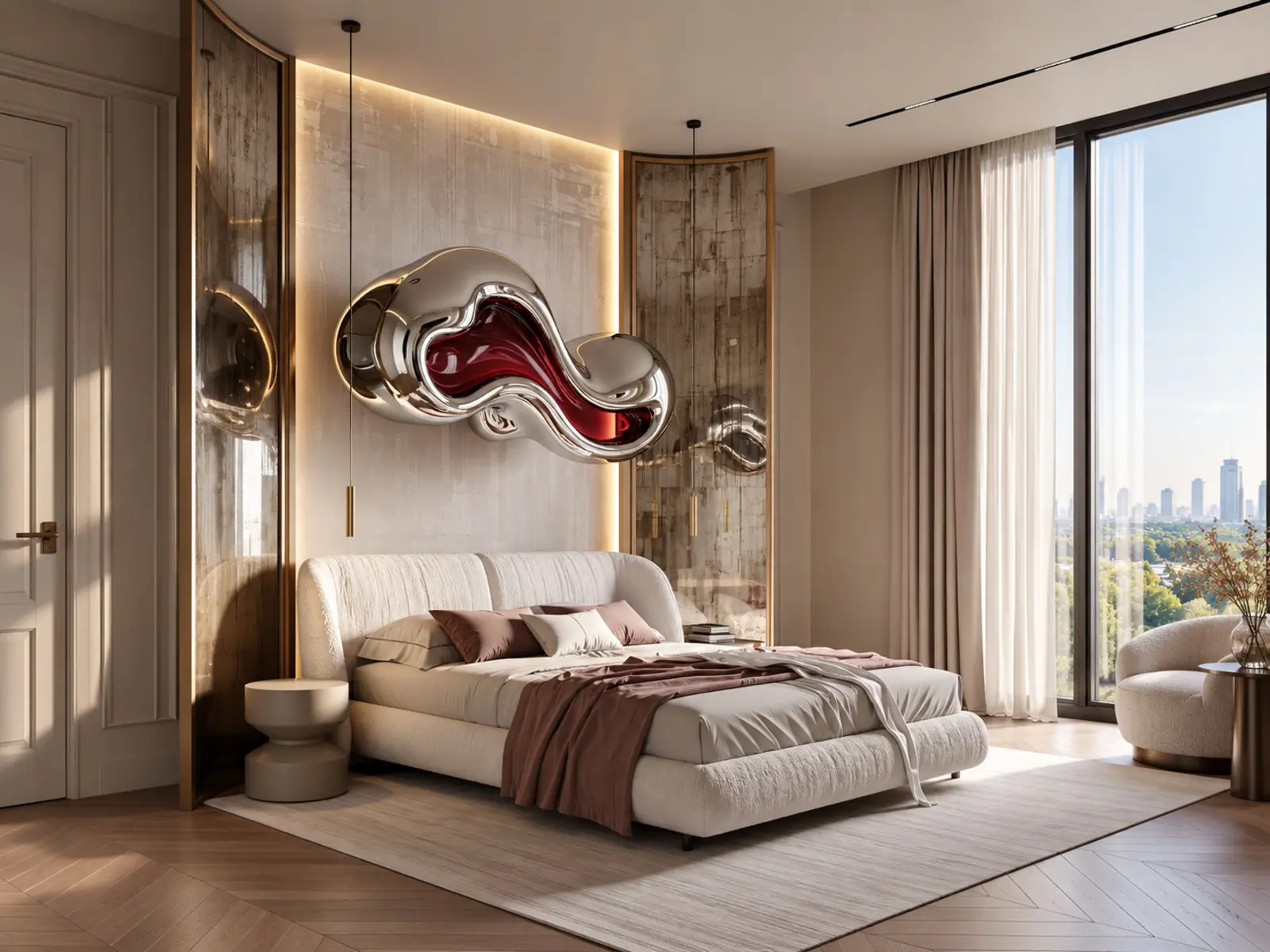 Chambre contemporaine avec sculpture murale organique rouge et chrome