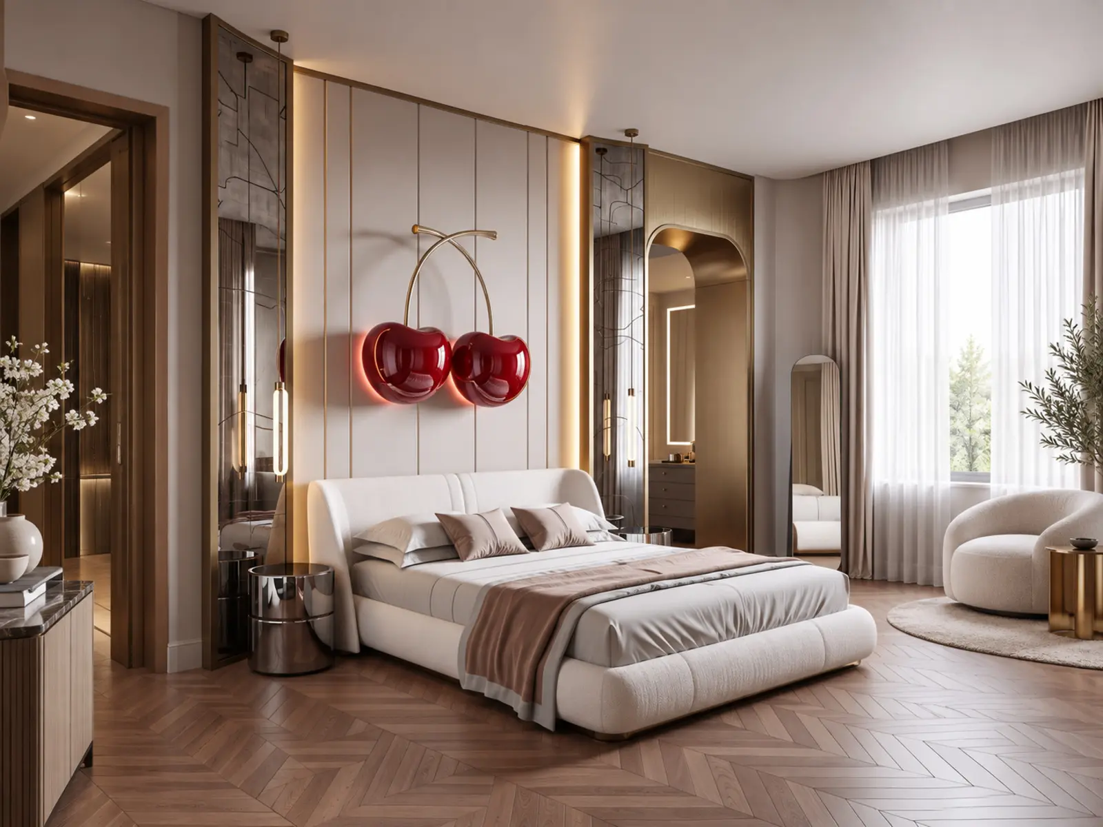 Chambre contemporaine avec deux sculptures murales rouges