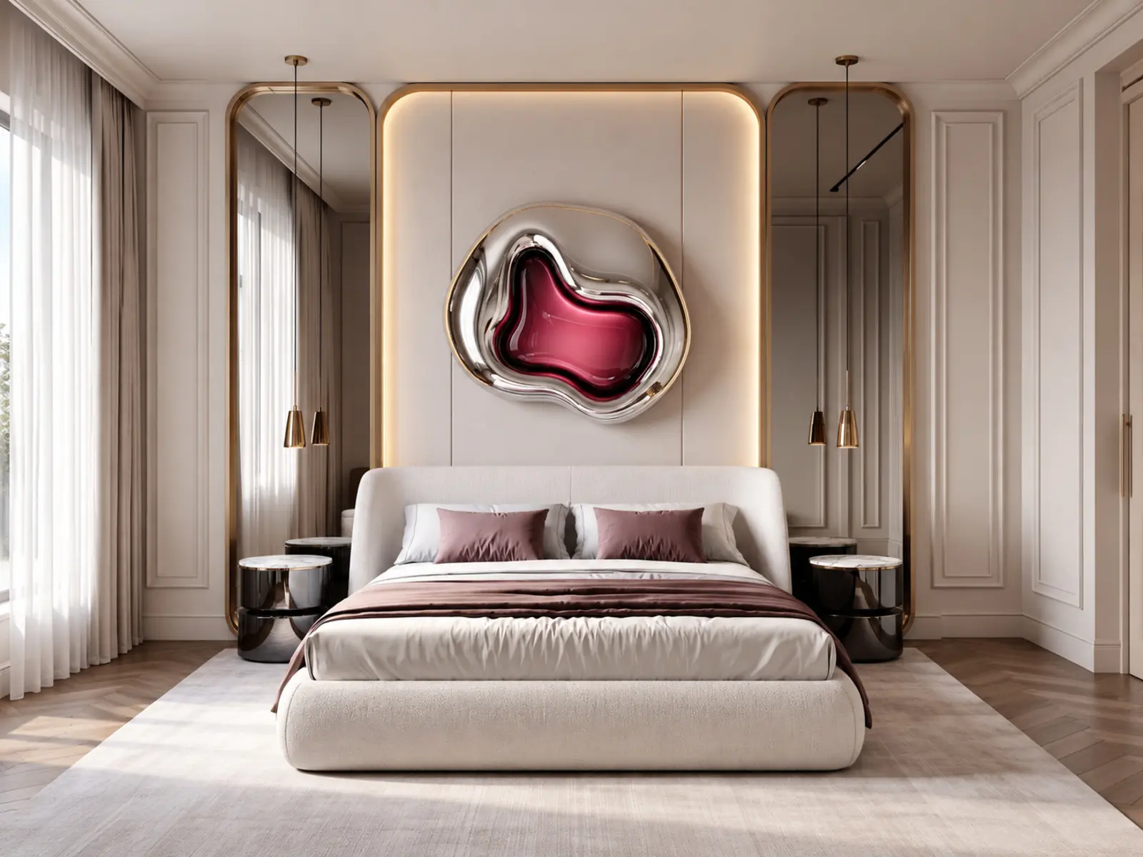 Vue frontale du lit et de la sculpture murale rouge et chrome