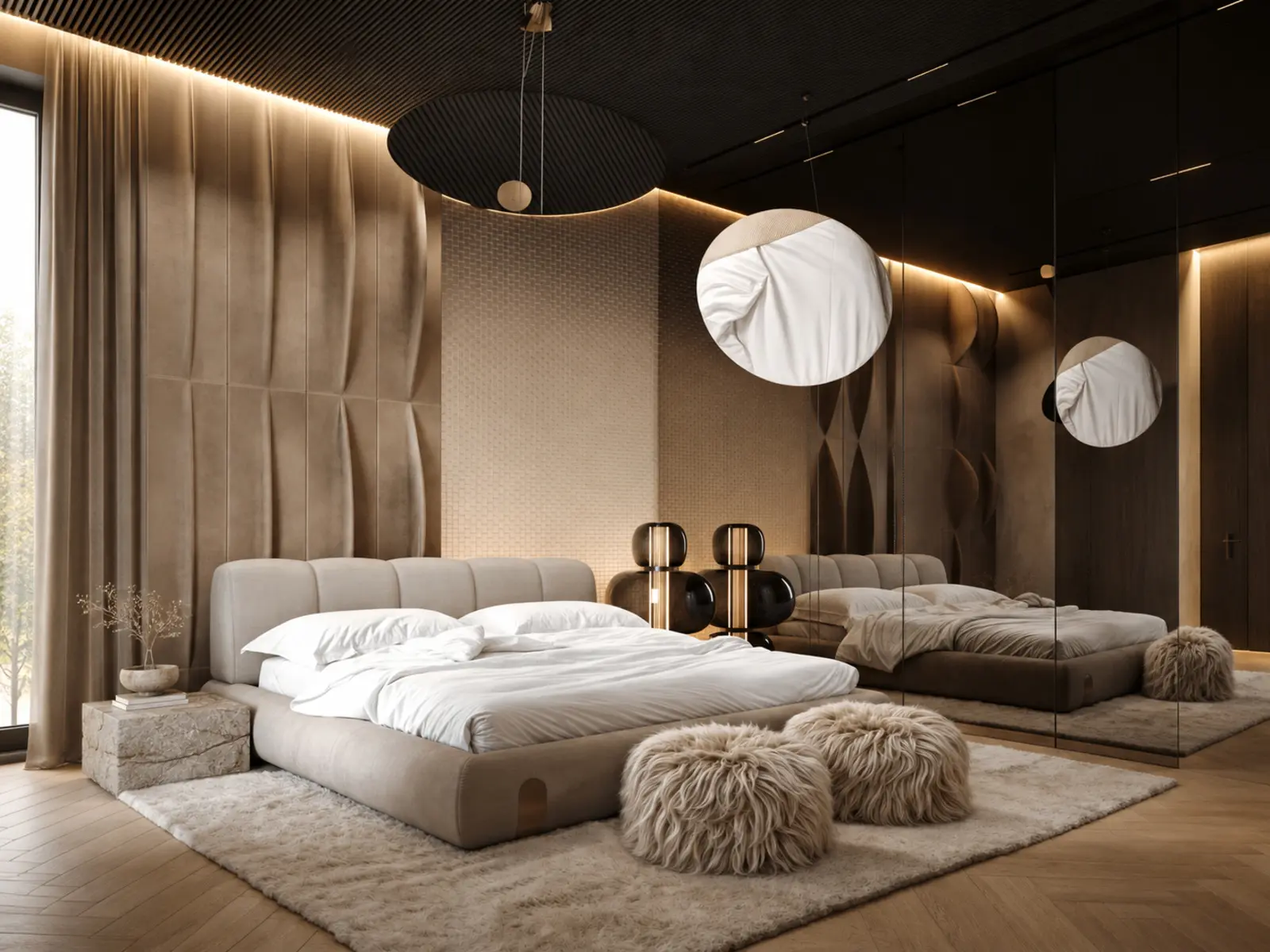 Chambre contemporaine avec lit rembourré, mur miroir et luminaires sculpturaux