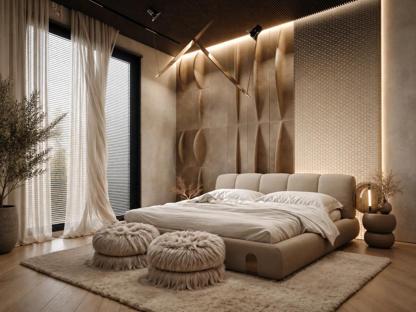 Vue latérale de la chambre, du lit et du mur texturé éclairé