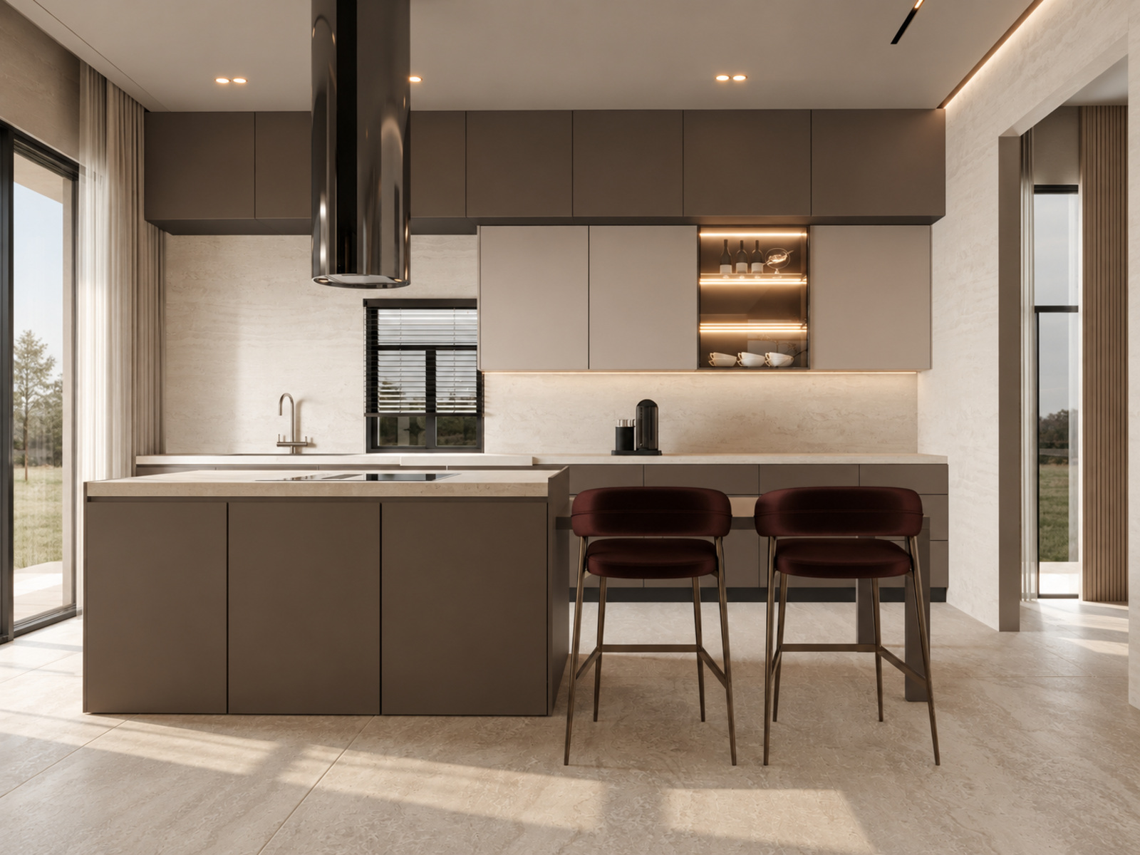 Cuisine contemporaine taupe avec menuiserie sur mesure