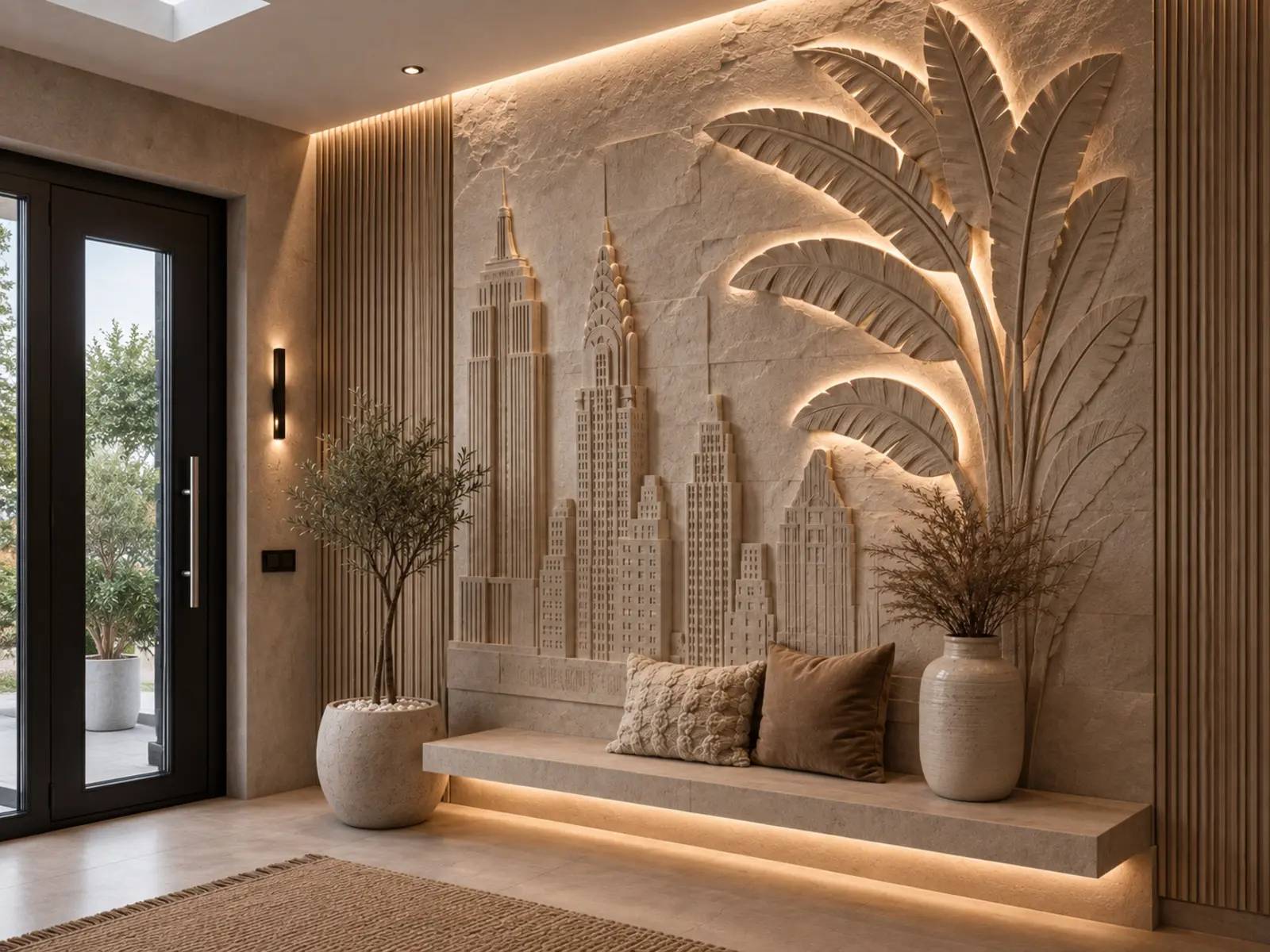 Entrée contemporaine avec relief urbain, feuillage sculpté et banquette intégrée