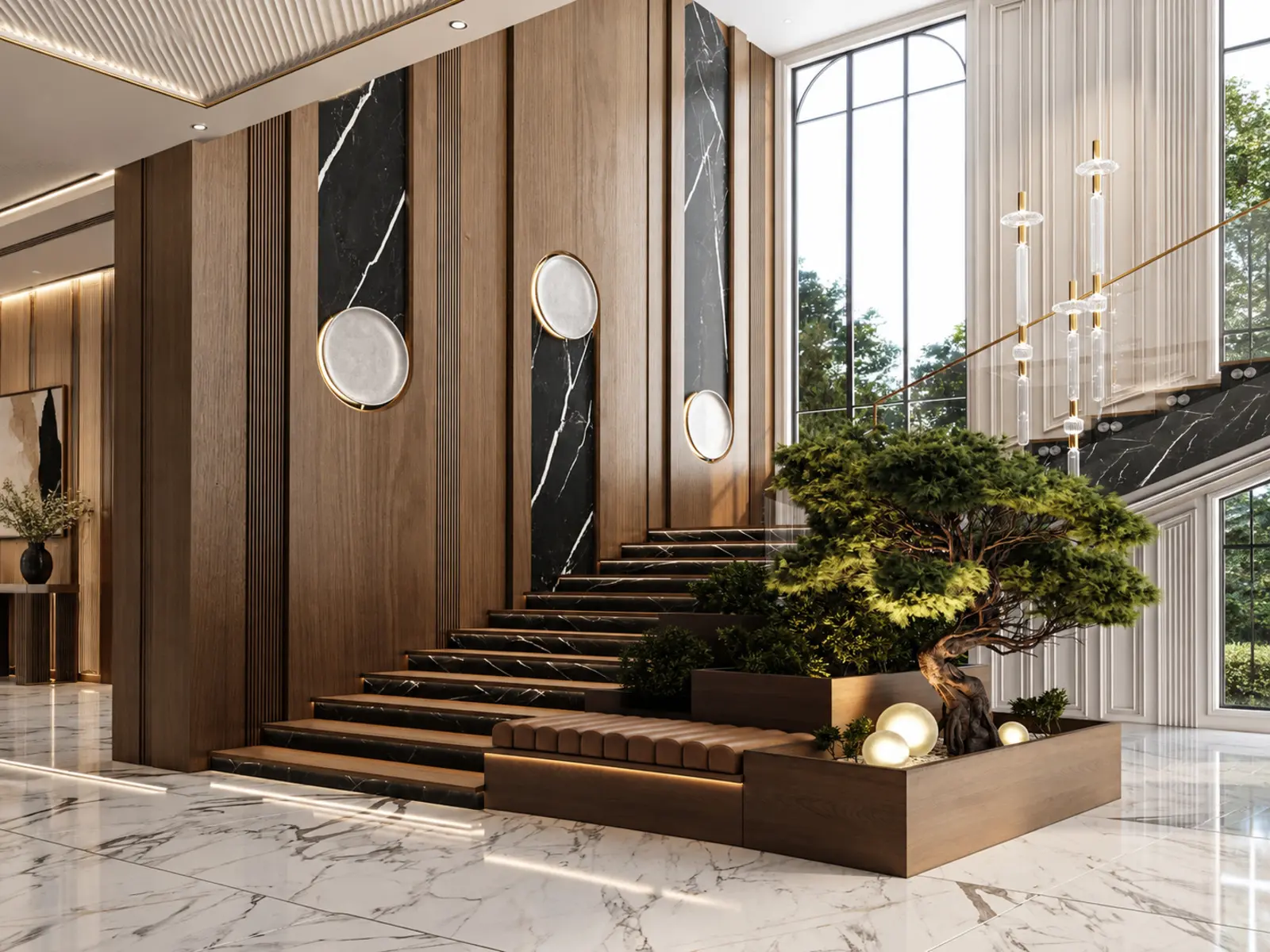 Grand escalier en marbre noir avec banquette intégrée et bonsaï monumental