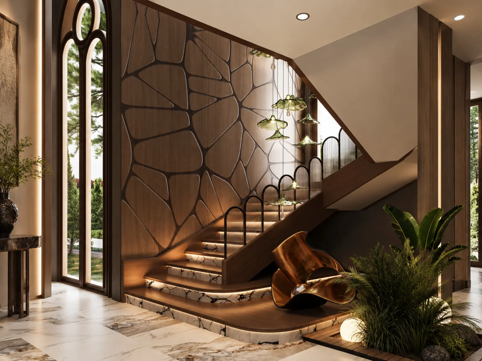 Escalier sculptural en bois et marbre avec paroi graphique et suspensions en verre
