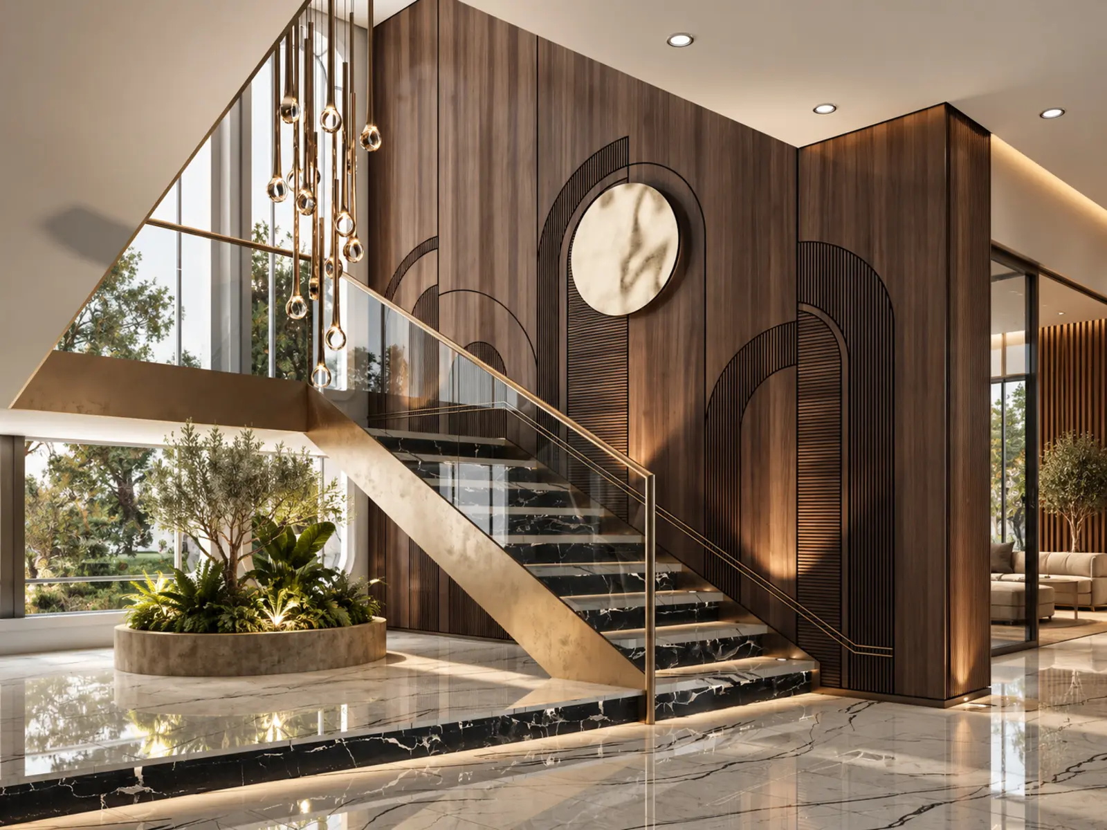 Escalier noir et bois devant un mur géométrique avec jardin intérieur