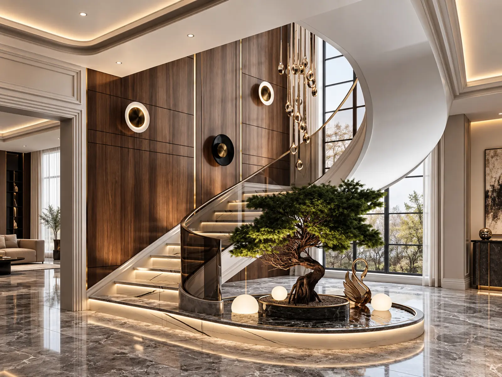 Escalier courbe lumineux autour d’un bonsaï installé dans un bassin intérieur