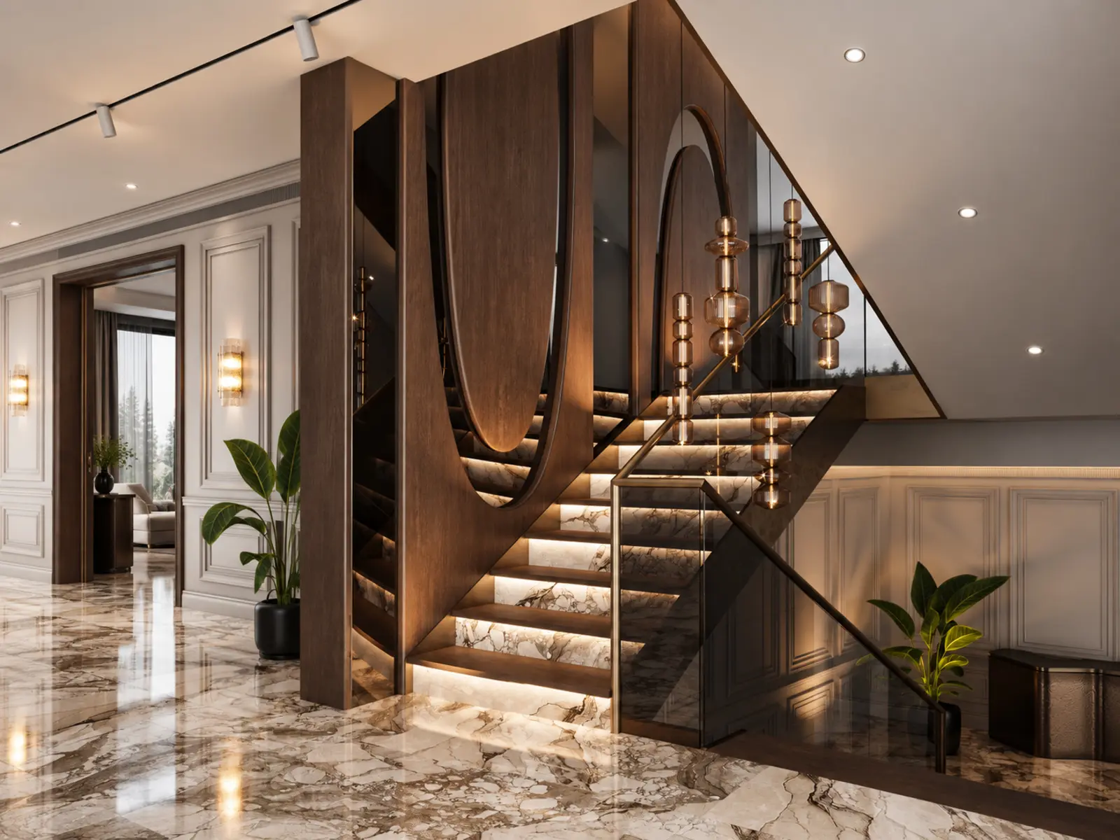 Escalier compact avec cloison sculpturale en noyer et suspensions ambrées