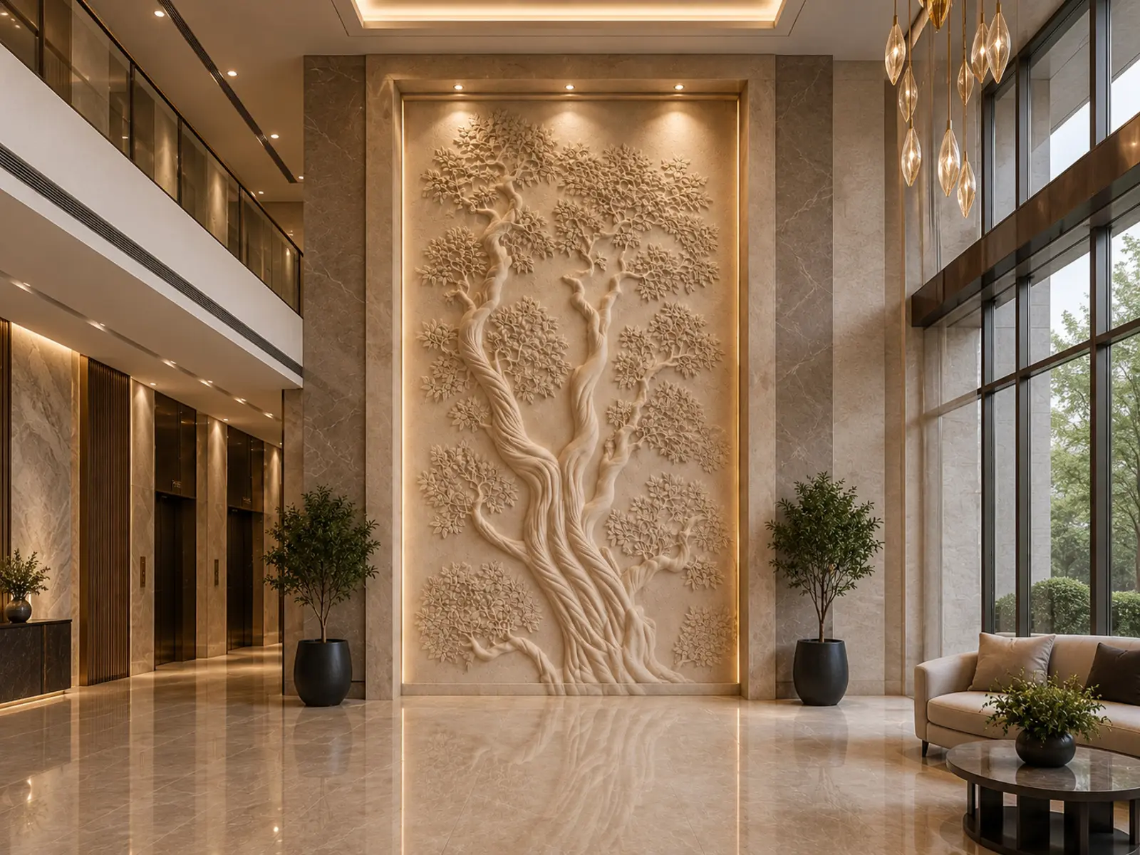 Hall à double hauteur avec relief monumental représentant un arbre sculpté