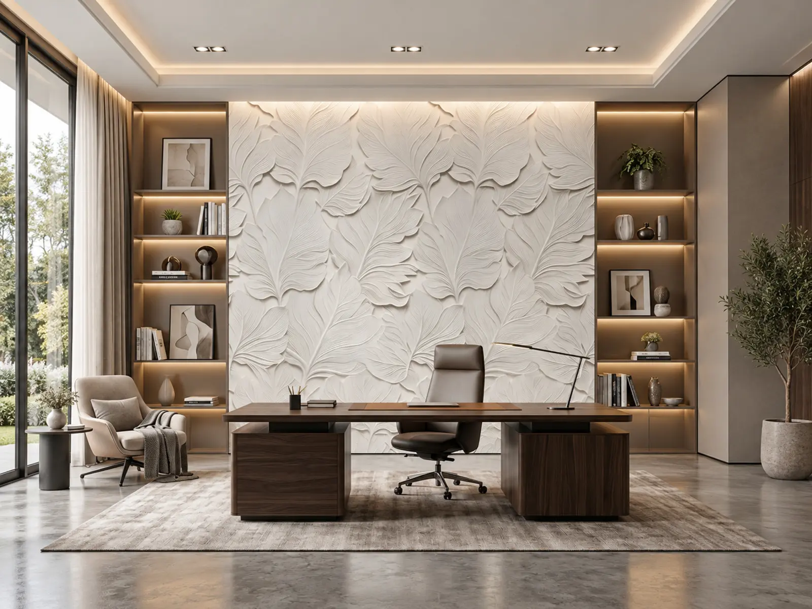 Bureau de direction avec bibliothèques éclairées et relief mural floral blanc